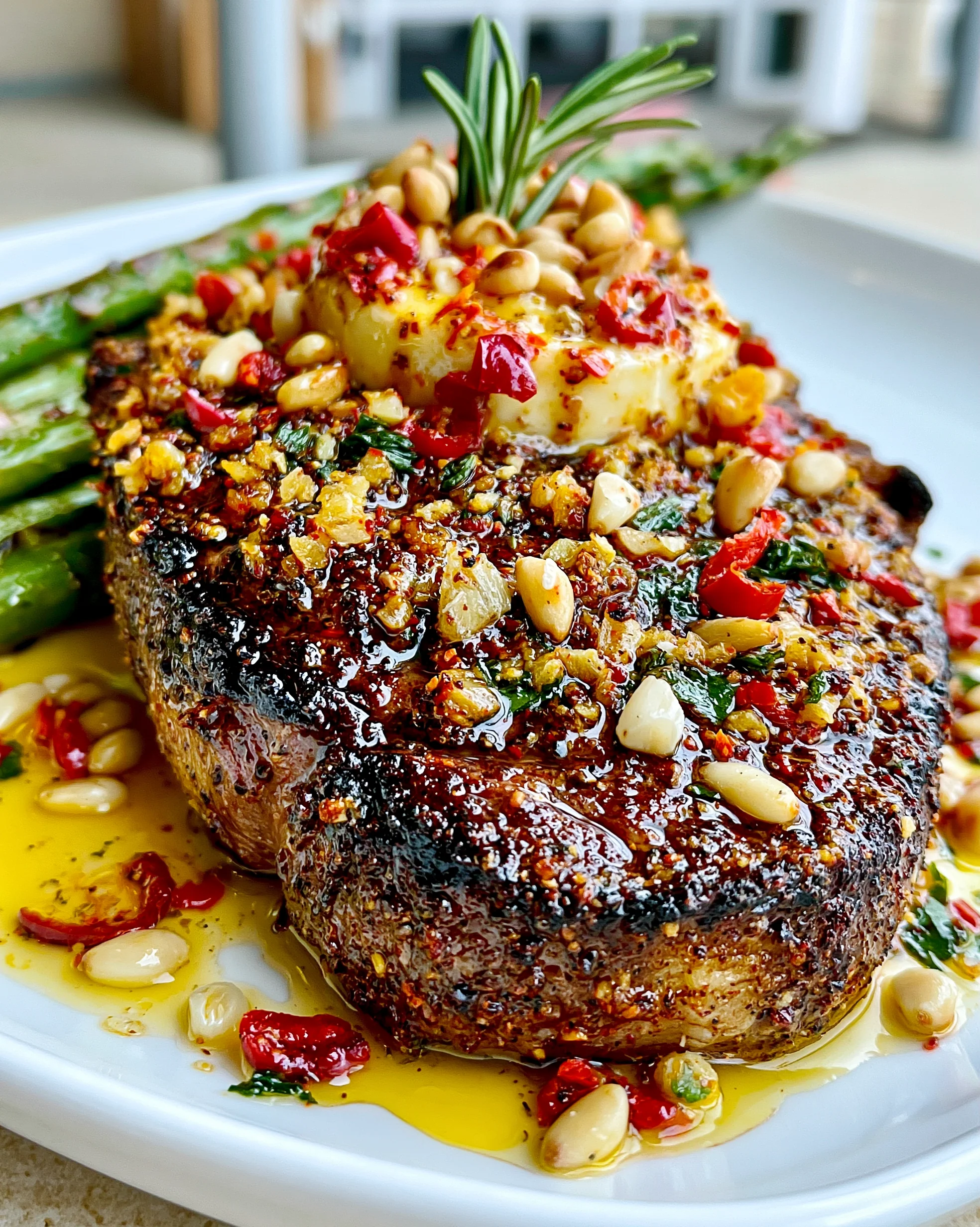 Spiced Sumac and Mint-Crusted Ribeye with a Toasted Pine Nut and Garlic Butter