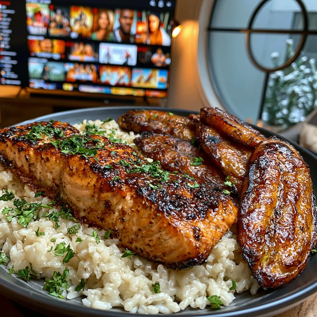 Spicy Jamaican Jerk Salmon with Sweet Coconut Rice and Fried Sweet Plantains