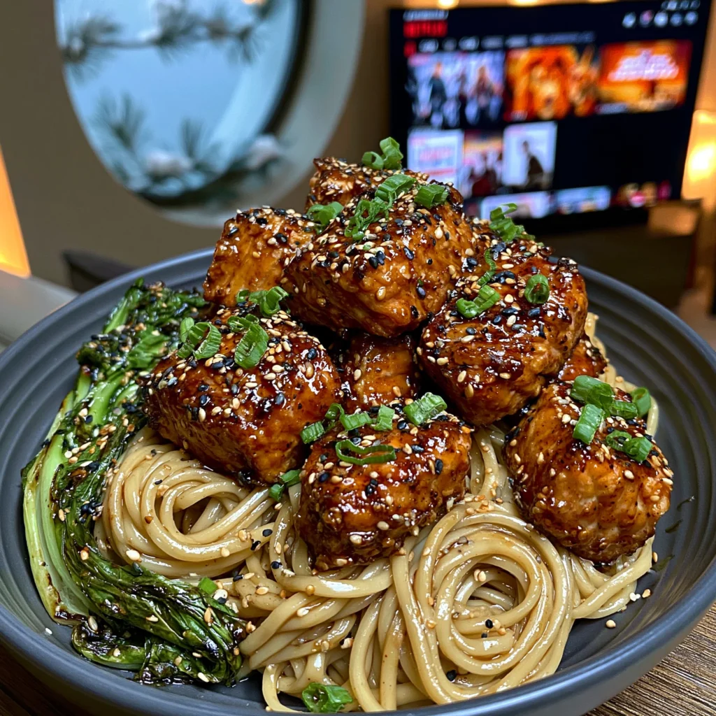 Sticky Teriyaki Salmon Bites with Savory Lo Mein Noodles and Sautéed Bok Choy