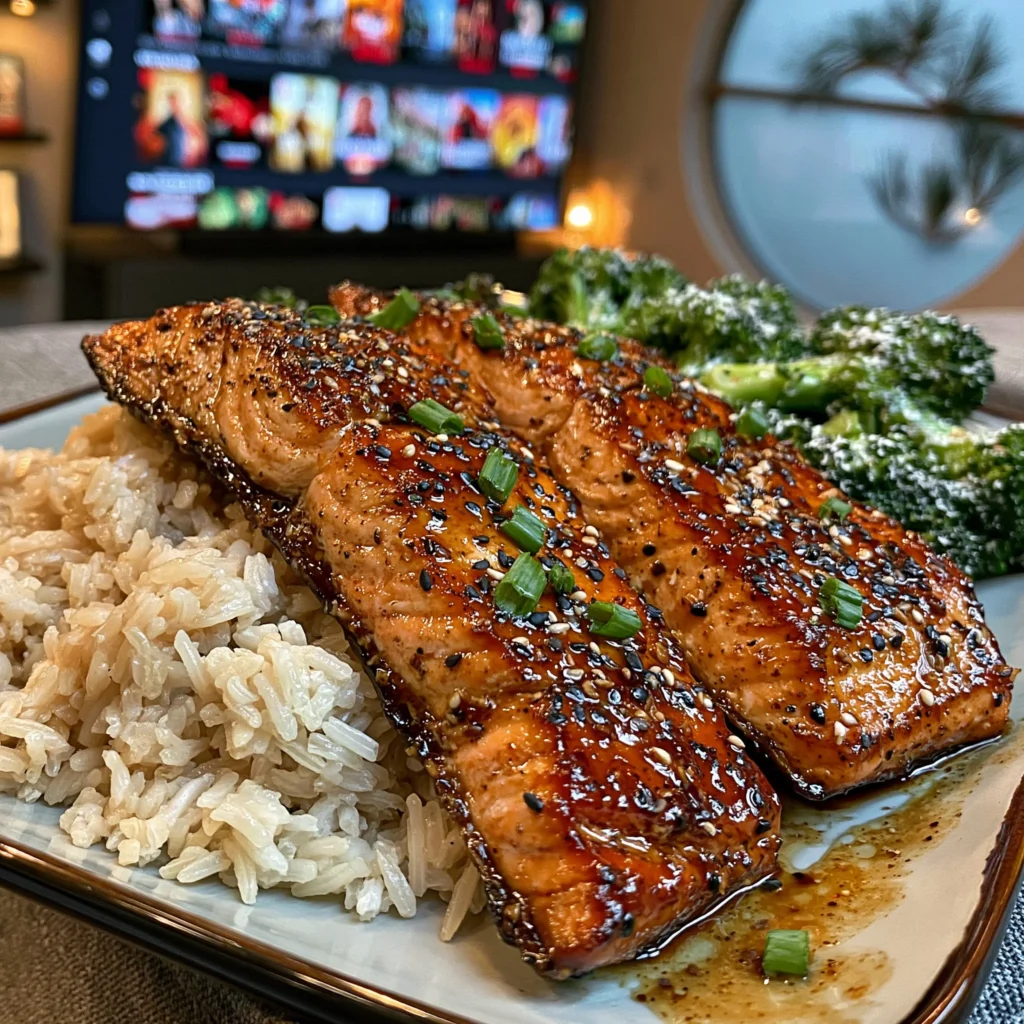 Sweet Honey Soy Glazed Salmon with Fluffy Jasmine Rice and Steamed Sesame Broccoli
