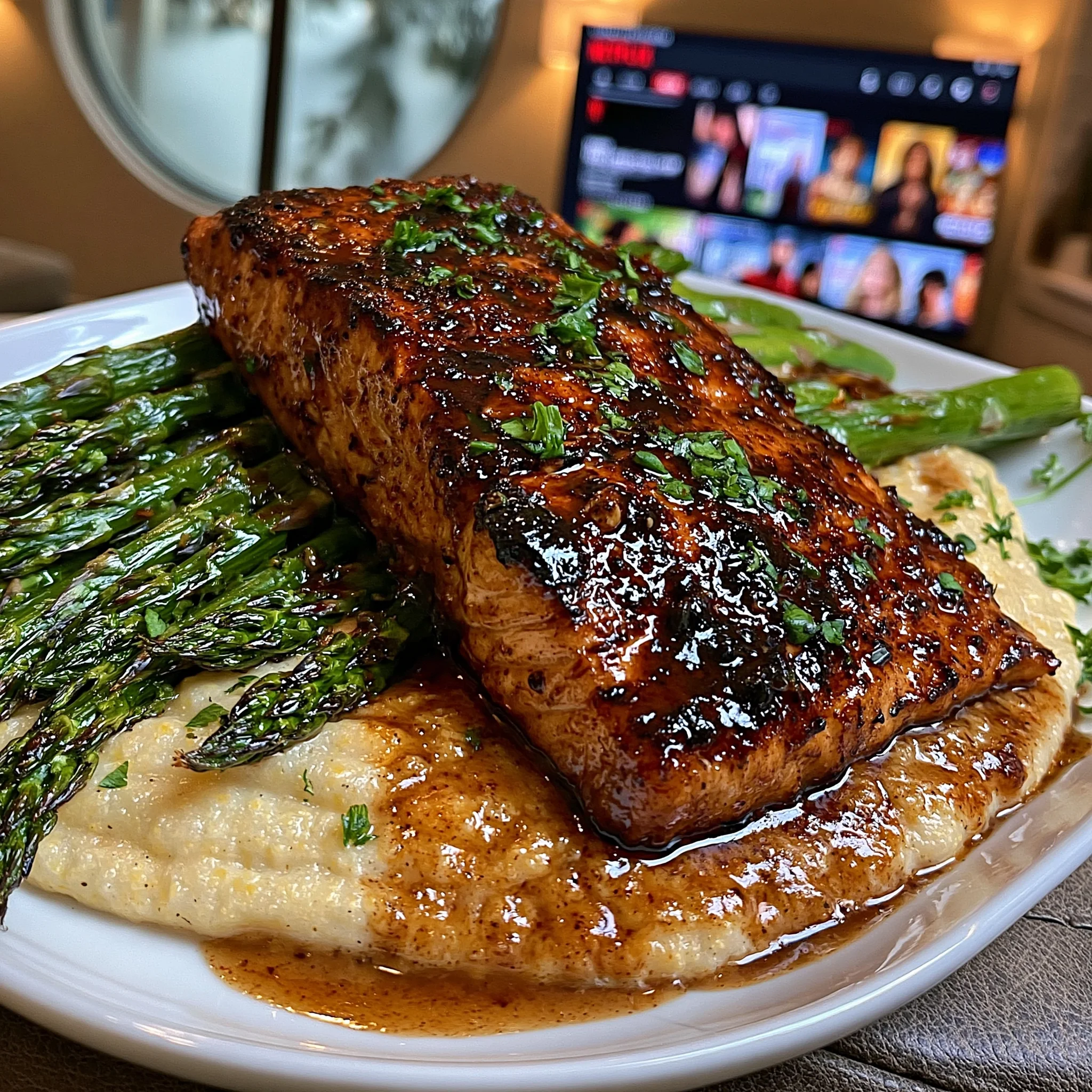 Sweet and Tangy Balsamic Glazed Salmon with Creamy Parmesan Polenta and Garlic Roasted Asparagus