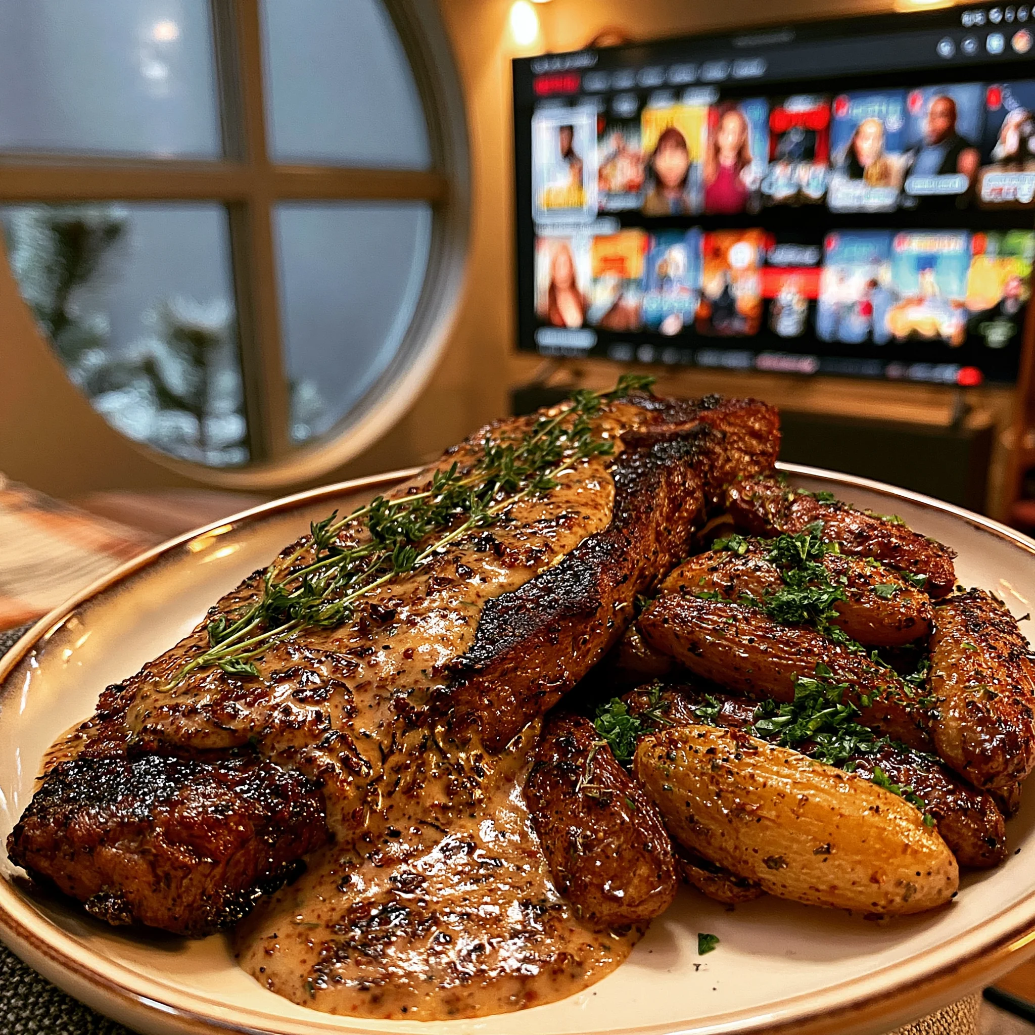 Tarragon-Cream Sauce New York Strip with Herb-Roasted Fingerling Potatoes