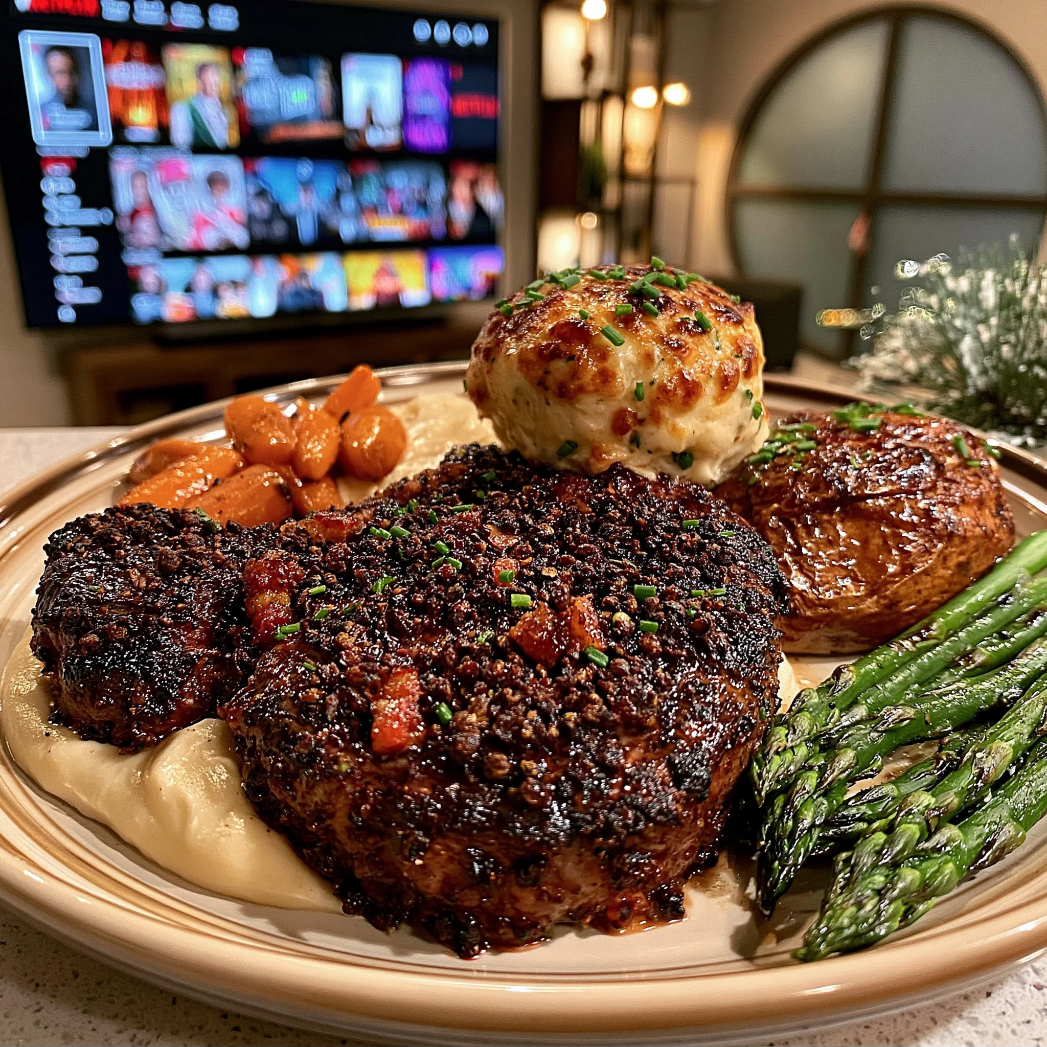 Toasted Allspice and Crispy Pancetta-Crusted Ribeye with a Smoked Gouda and Chive Compound Butter