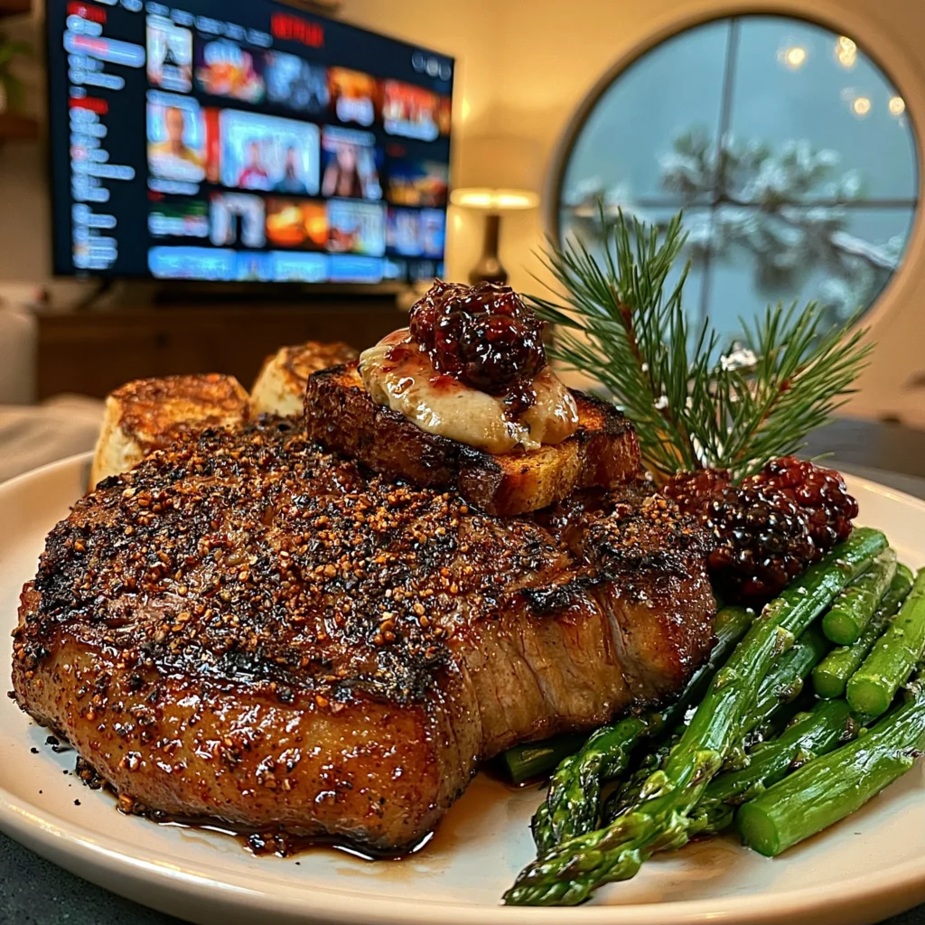 Toasted Celery Seed and Smoked Sea Salt-Crusted Ribeye with a Blackberry-Infused Bone Marrow Butter