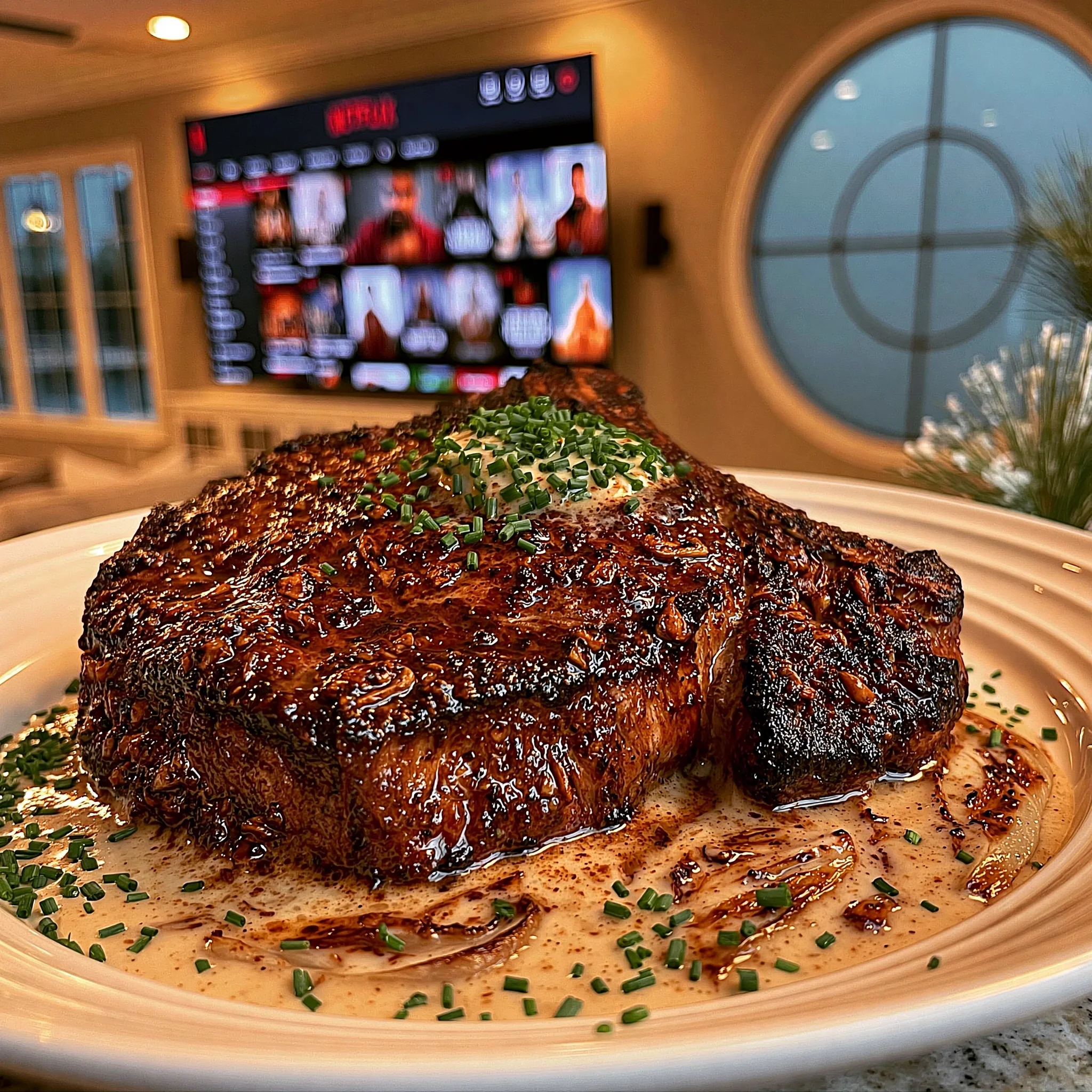 Toasted Fennel and Roasted Garlic-Crusted Ribeye with a Chive Confit Butter