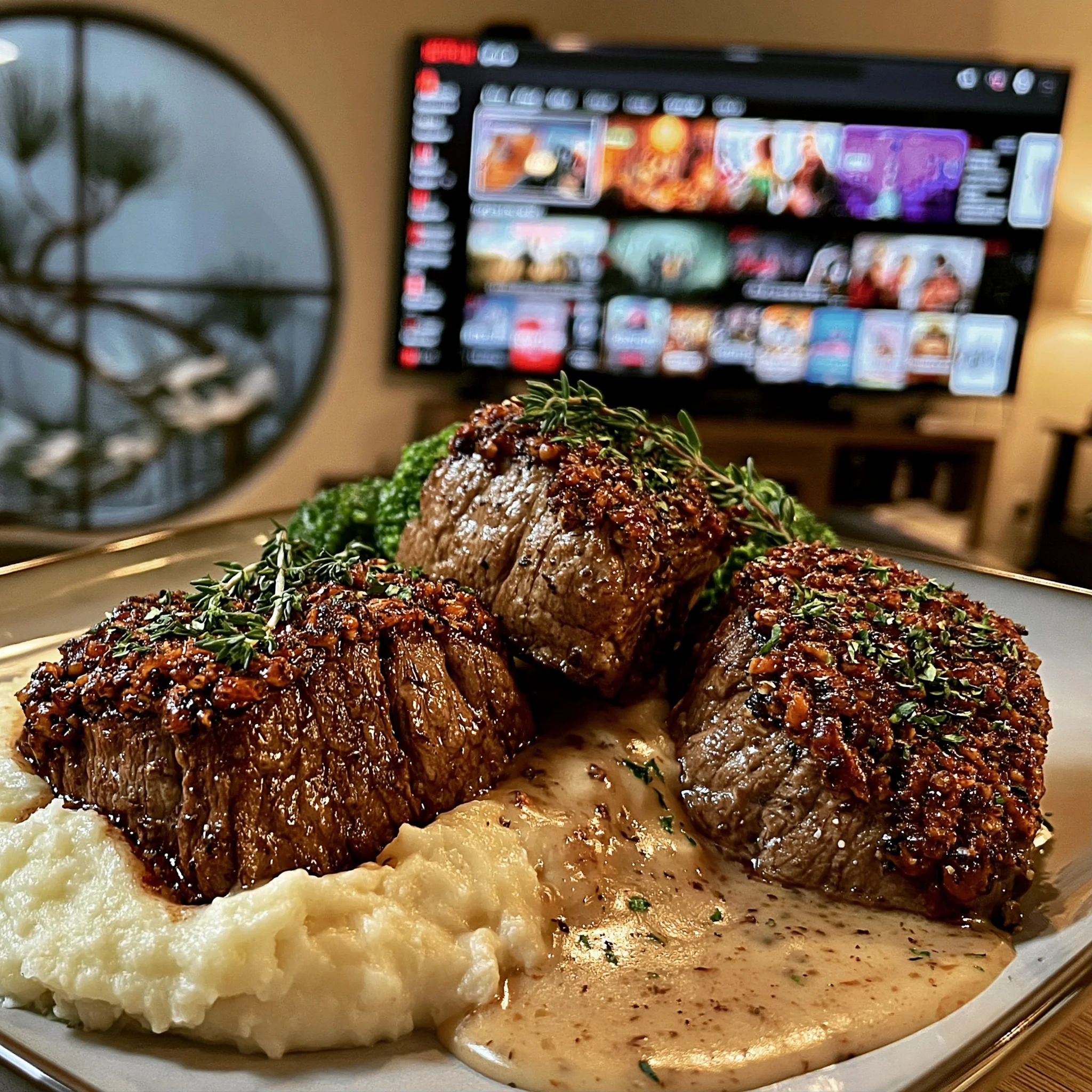 Toasted Pecan and Thyme-Crusted Beef Medallions with a Silky Roasted Garlic Gravy