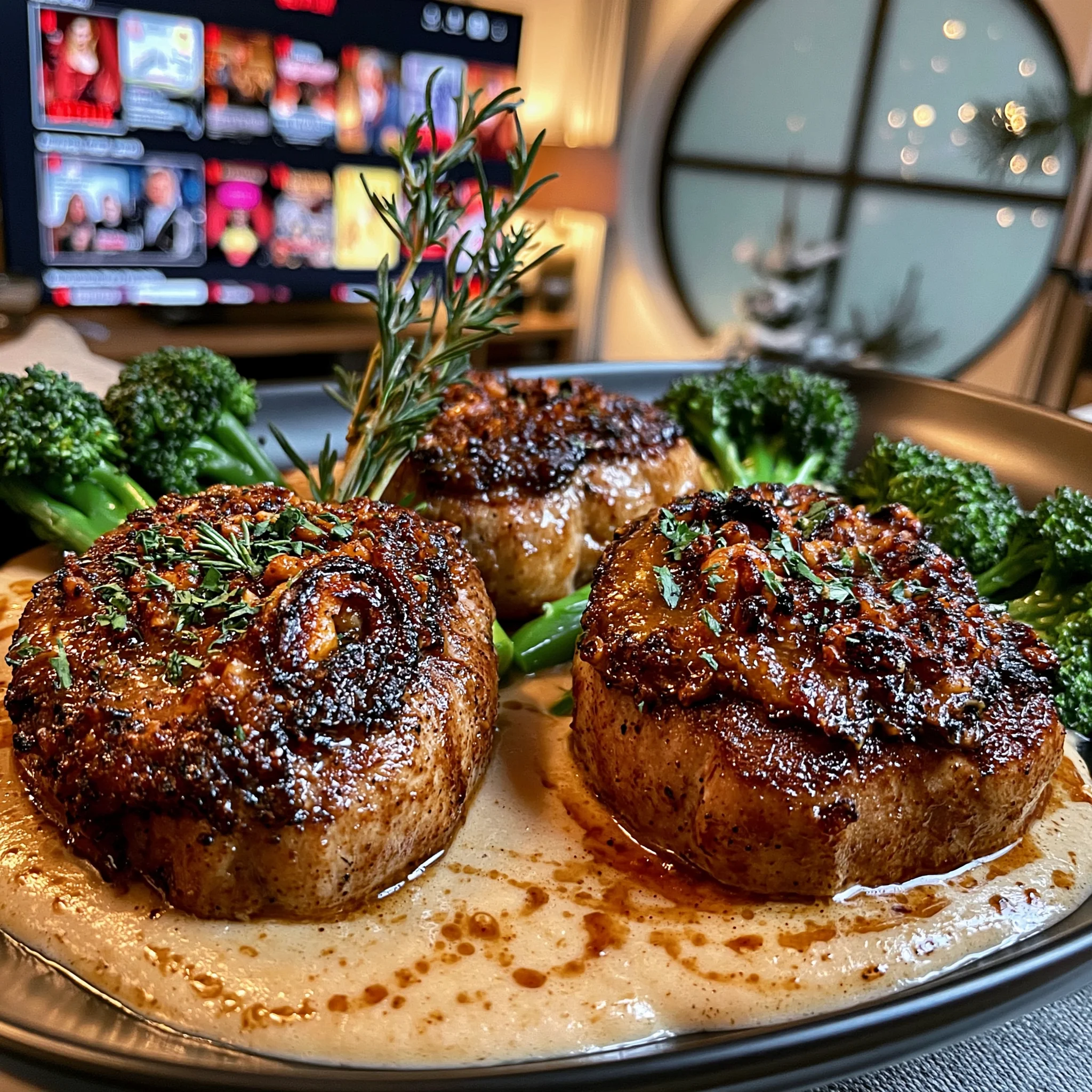 Toasted Pine Nut and Marjoram-Crusted Veal Medallions with a Silky Sweet Onion Gravy