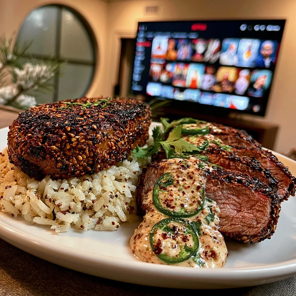 Toasted Pumpkin Seed and Smoked Paprika-Crusted Sirloin with Roasted Jalapeño and Cilantro Butter