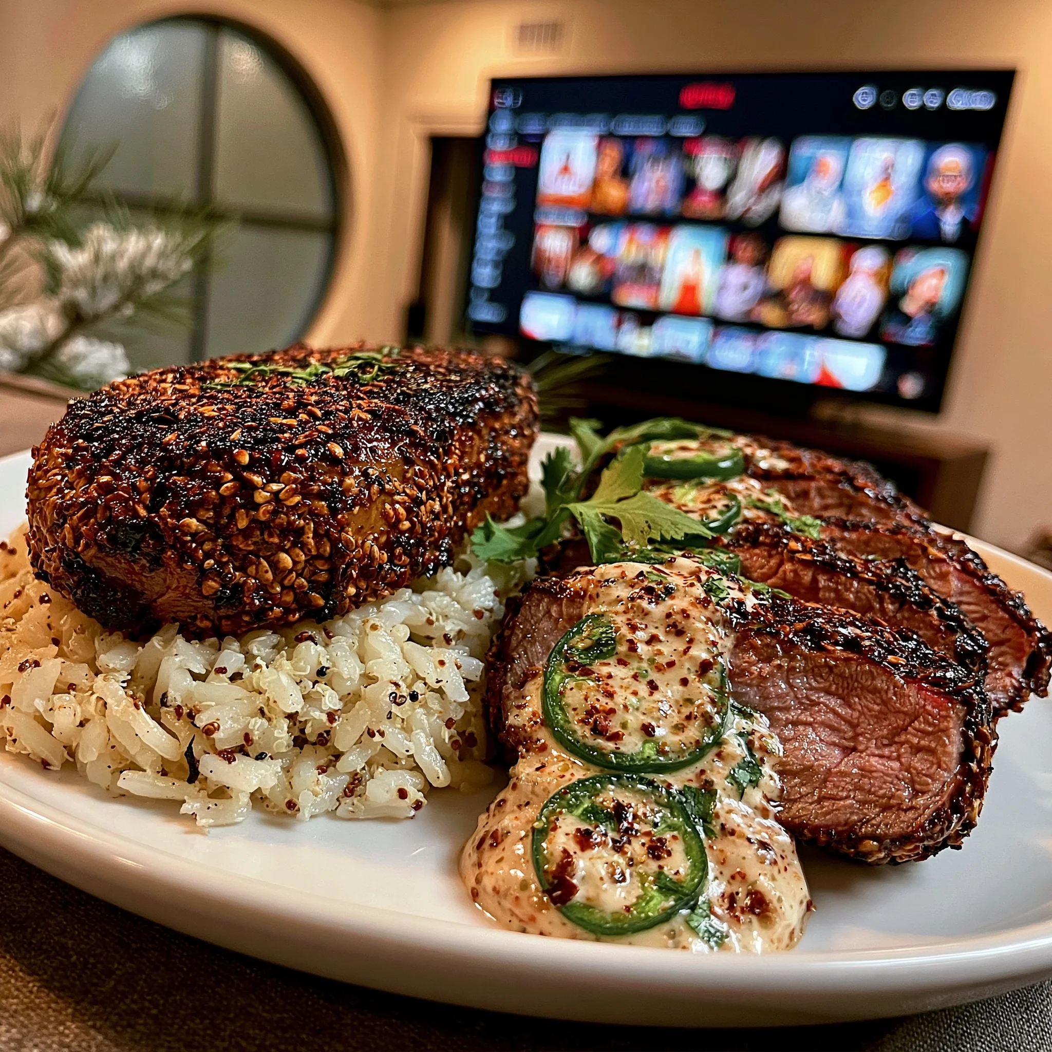 Toasted Pumpkin Seed and Smoked Paprika-Crusted Sirloin with Roasted Jalapeño and Cilantro Butter