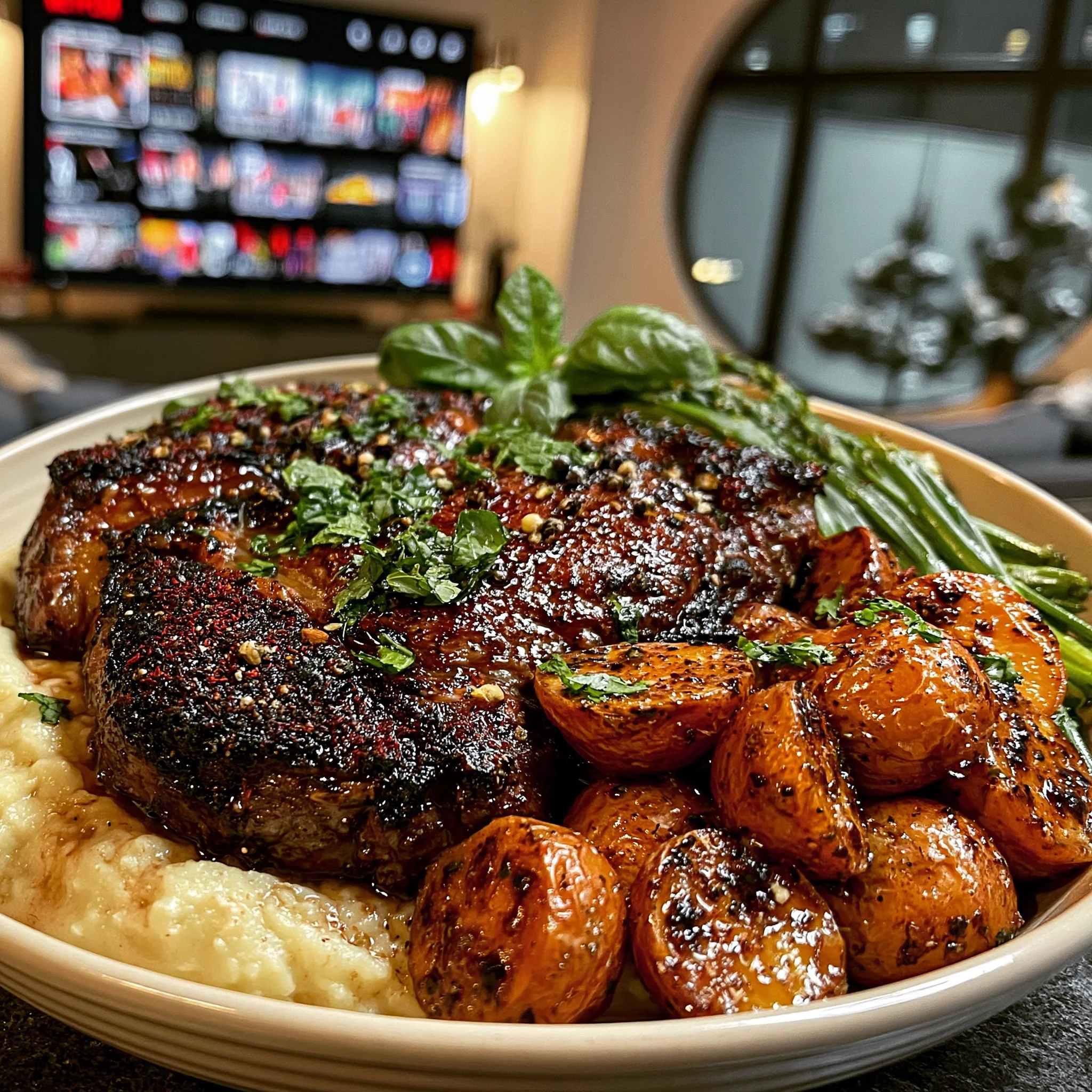 Toasted Sumac and Cracked White Peppercorn-Crusted Ribeye with a Mint and Charred Garlic Butter