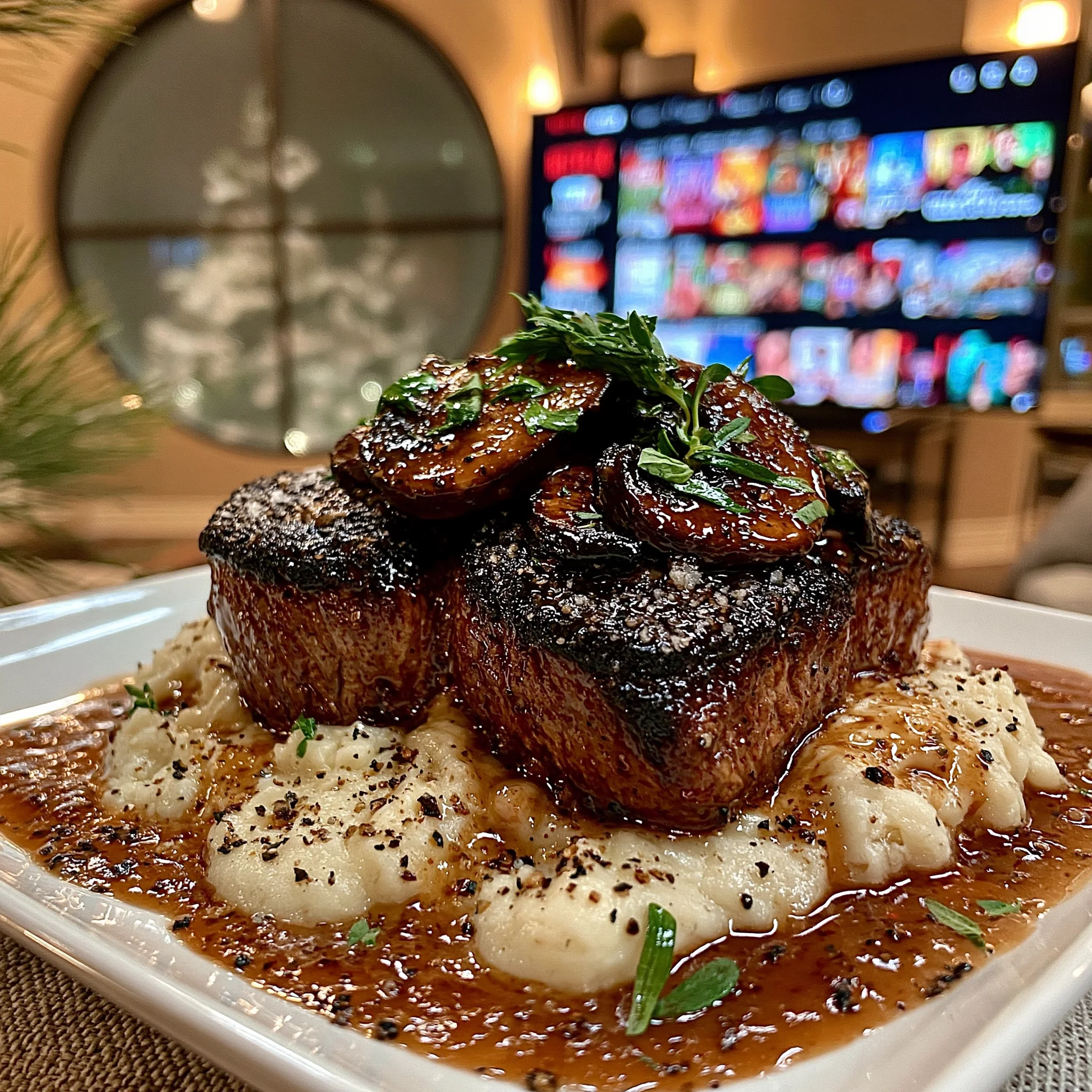 White Truffle and Sea Salt-Crusted Filet Mignon with a Wild Mushroom and Tarragon Confit