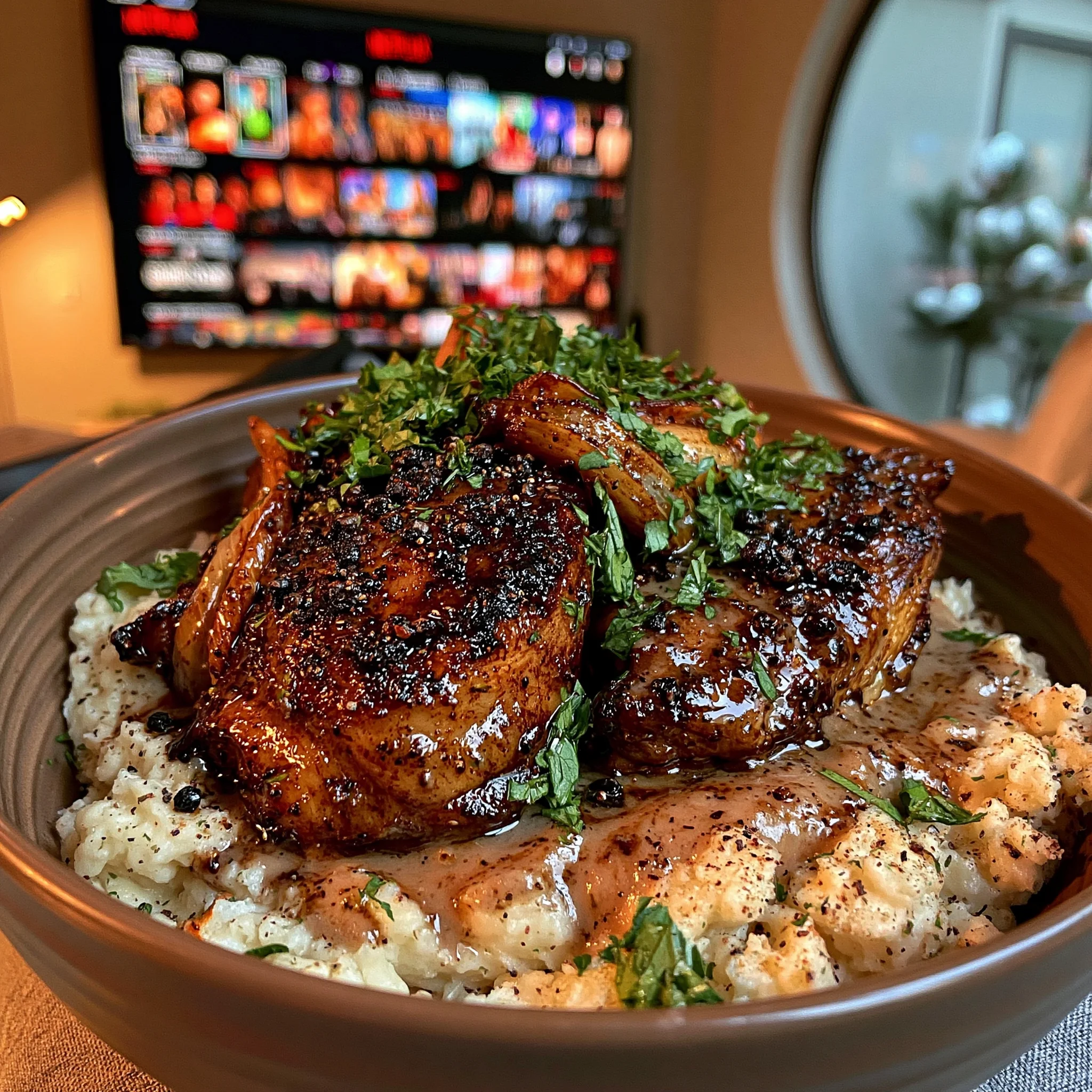 Balsamic-Glazed Fennel and Black Peppercorn Braised Lamb Shanks with a Silky Roasted Parsnip Gravy