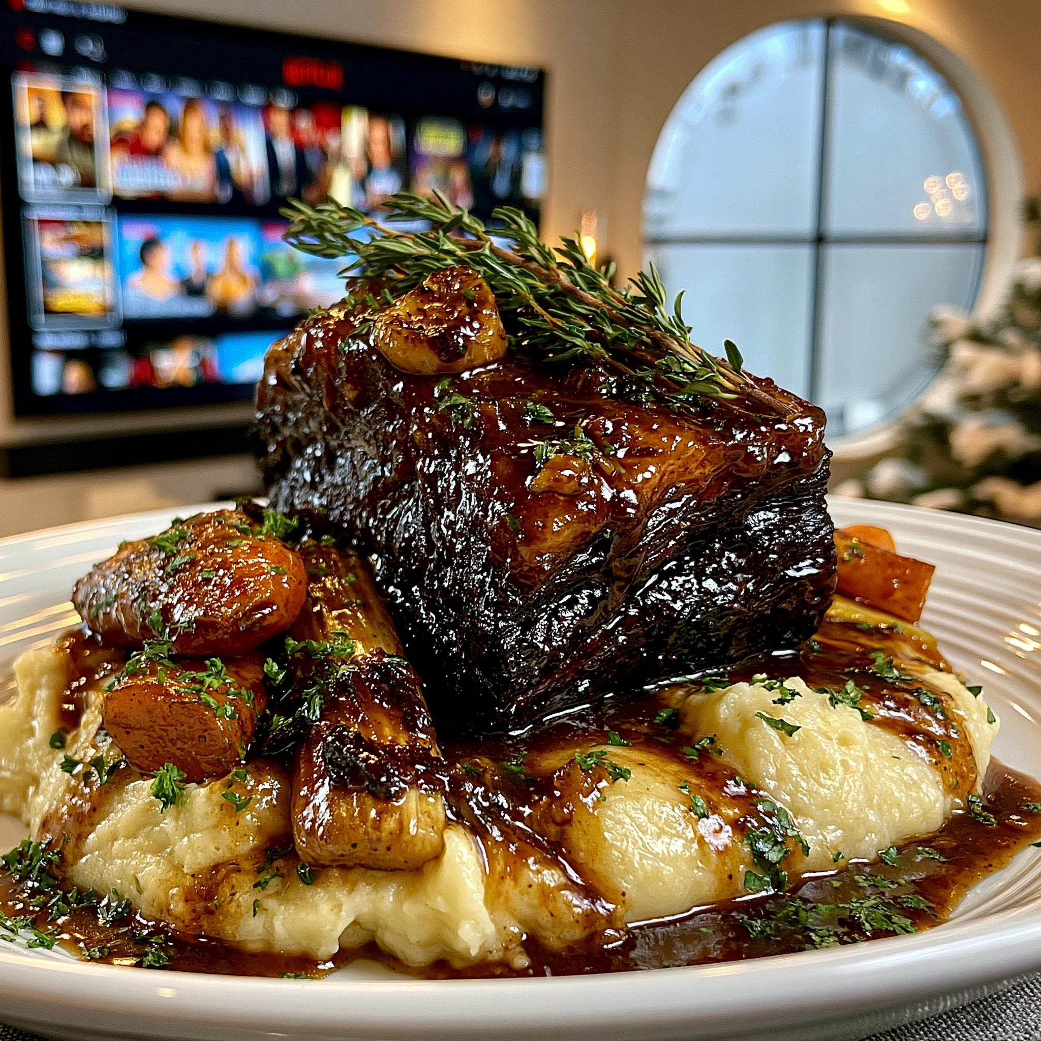 Balsamic-Glazed Garlic and Thyme Braised Beef Brisket with Velvety Root Vegetable Gravy