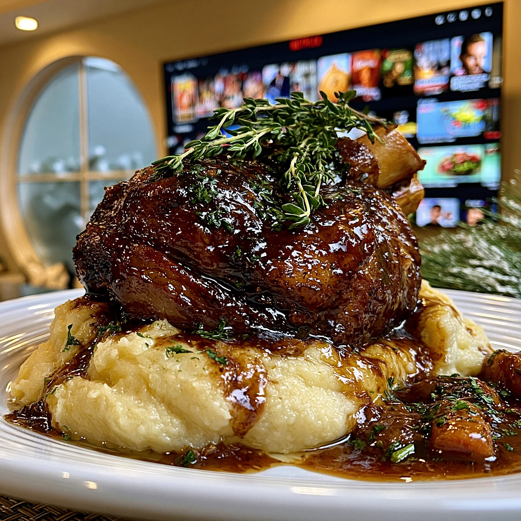 Balsamic-Glazed Garlic and Thyme Braised Lamb Leg with Root Vegetable Gravy