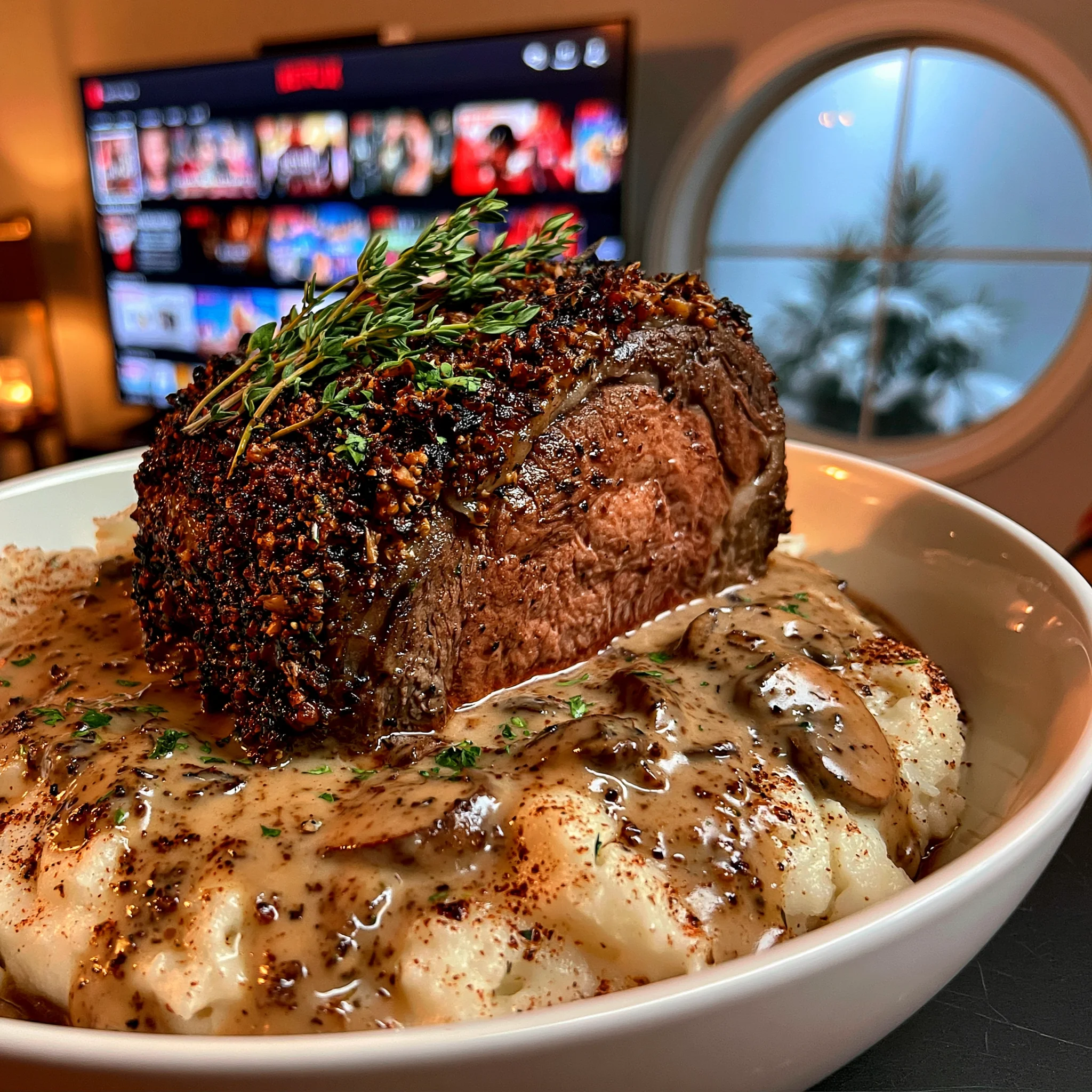 Blackened Leek and Thyme-Crusted Prime Rib with a Rich Smoked Mushroom Gravy
