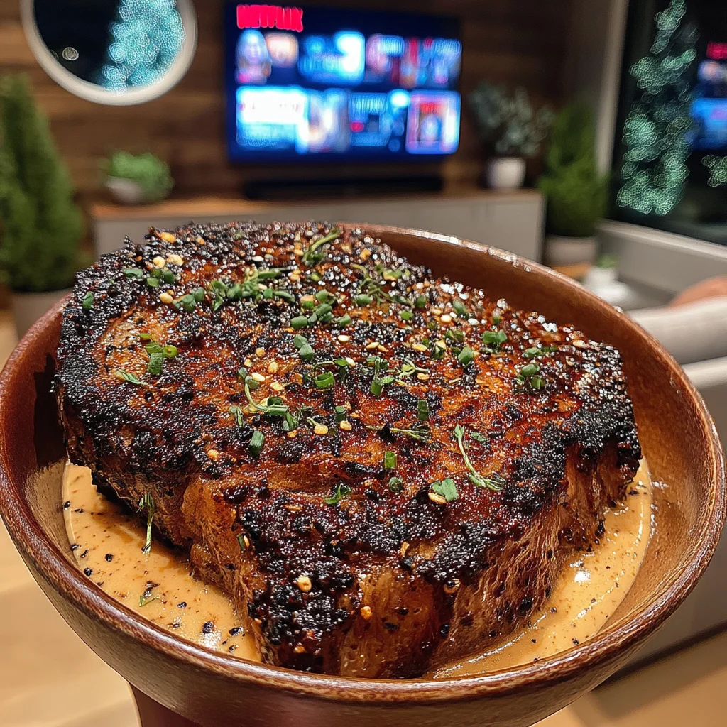 Blackened Scallion and Szechuan Peppercorn-Crusted Ribeye with Roasted Shallot Confit Butter
