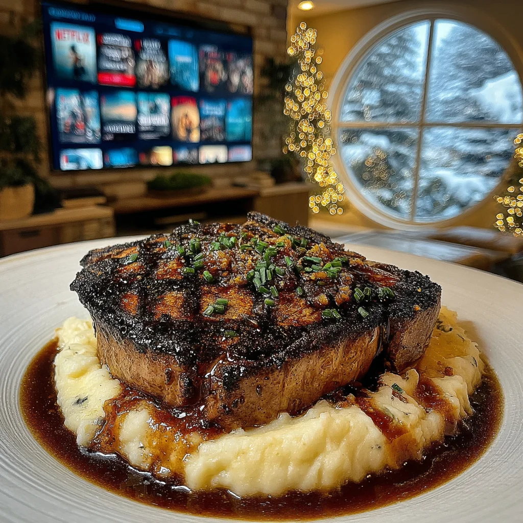 Caramelized Leek and Crushed Cardamom-Crusted Ribeye with a Creamy Roquefort and Chive Reduction