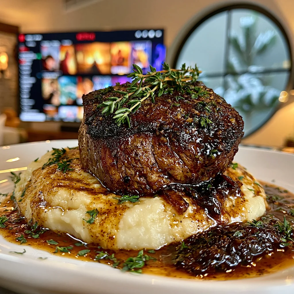 Charred Leek and Fresh Thyme-Crusted Filet Mignon with Black Garlic Compound Butter