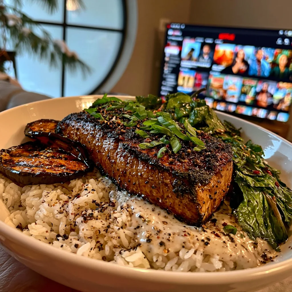 Charred Poblano and Black Peppercorn-Crusted Tenderloin with a Velvety Roasted Eggplant Gravy