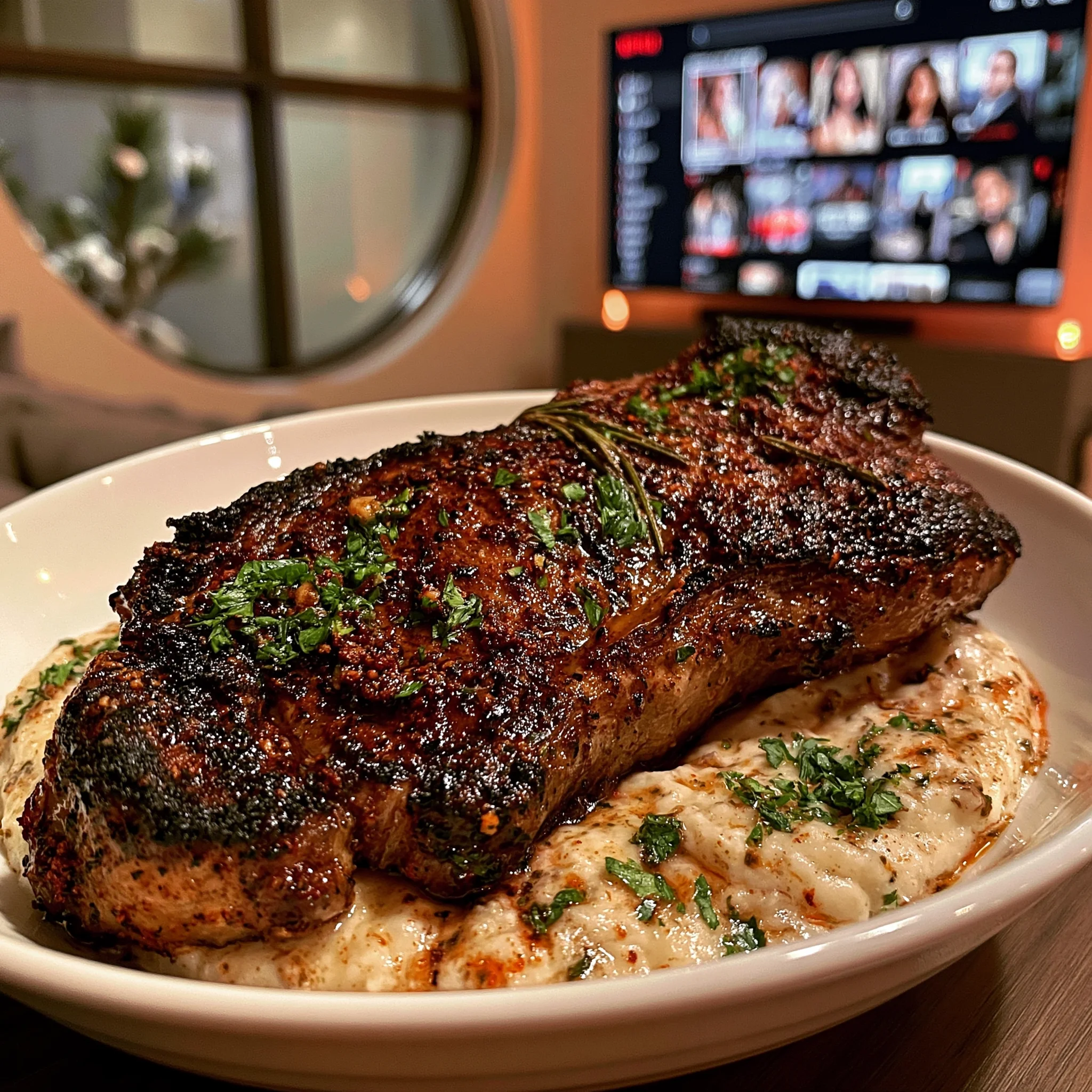 Charred Rosemary and Smoked Paprika-Crusted Strip Steak with Roasted Garlic and Parsley Compound Butter