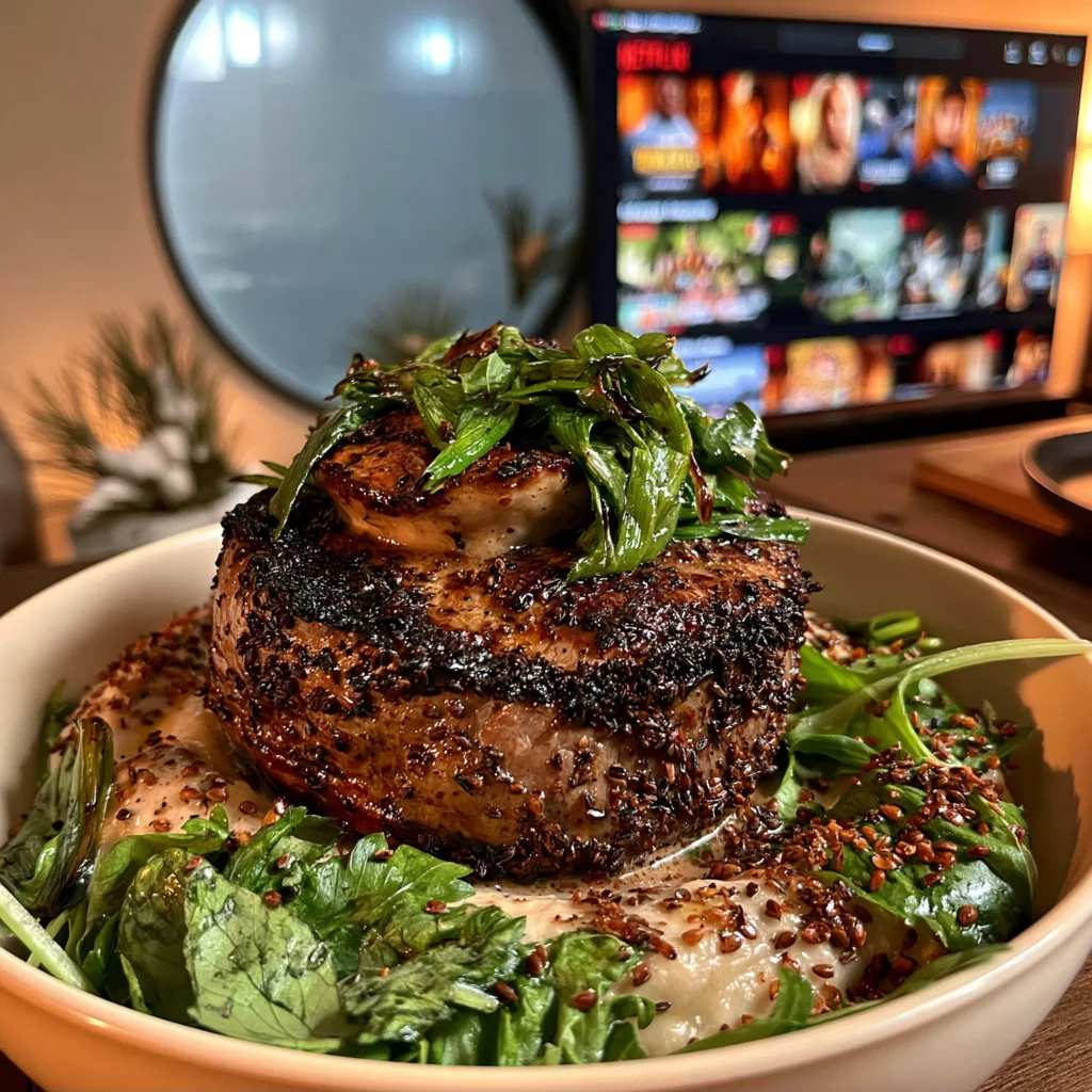 Charred Scallion and Cracked Cumin-Crusted Filet Mignon with Roasted Bone Marrow Compound Butter
