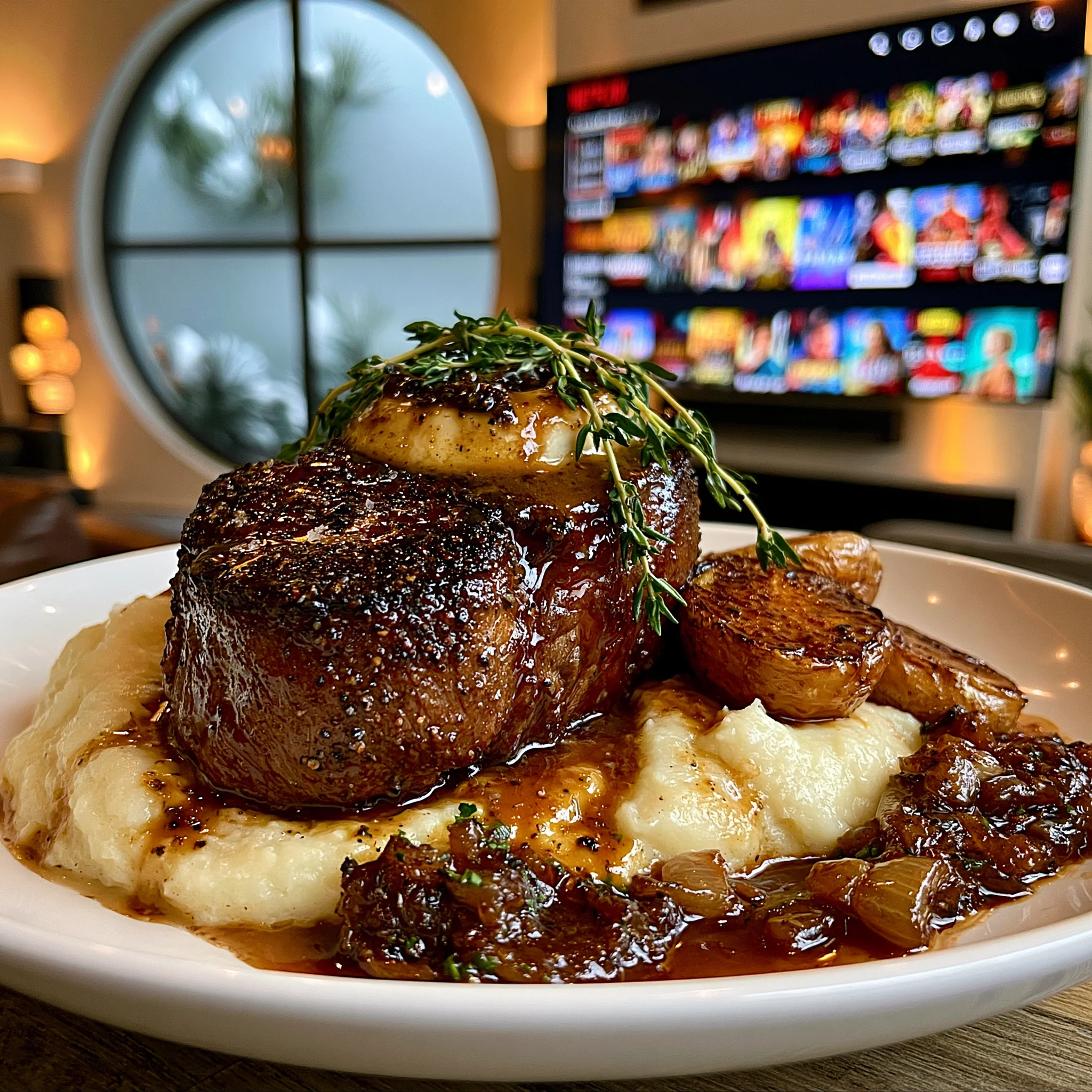 Cracked Black Pepper and Thyme-Crusted Filet Mignon with Black Garlic Compound Butter