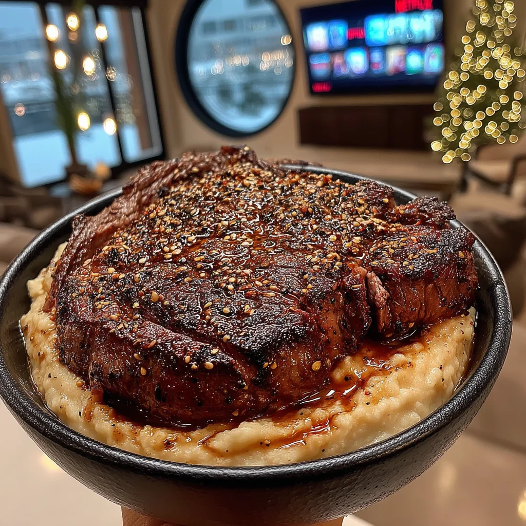 Crushed Brazil Nut and Smoked Chili-Crusted Ribeye with Whipped Caramelized Shallot Butter