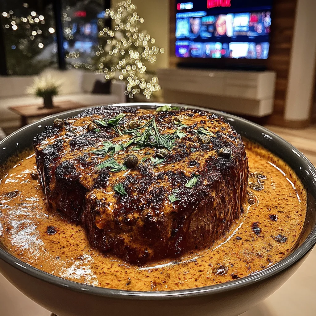 Crushed Caper and Dried Oregano-Crusted Filet Mignon with a Rich Charred Tomato Gravy