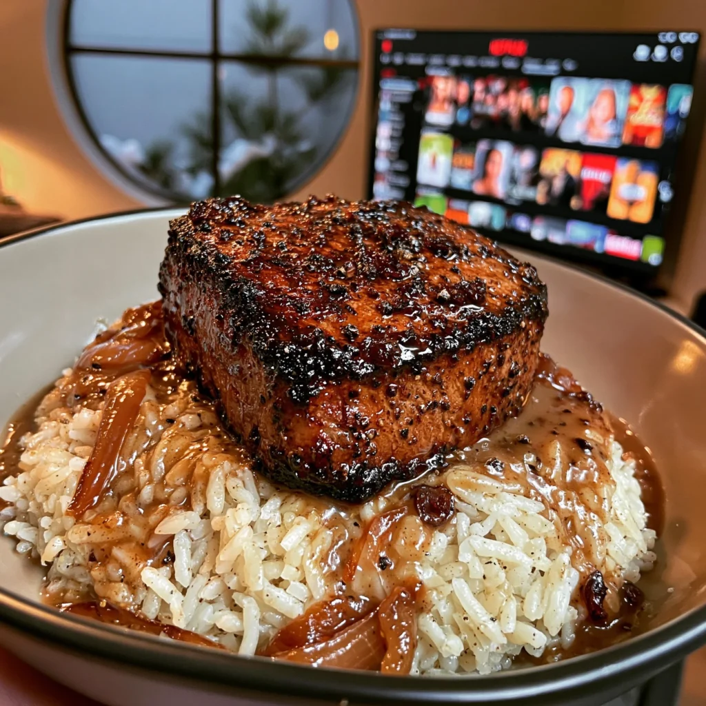 Crushed Dried Cherry and Black Peppercorn-Crusted Filet Mignon with a Rich Caramelized Onion Gravy
