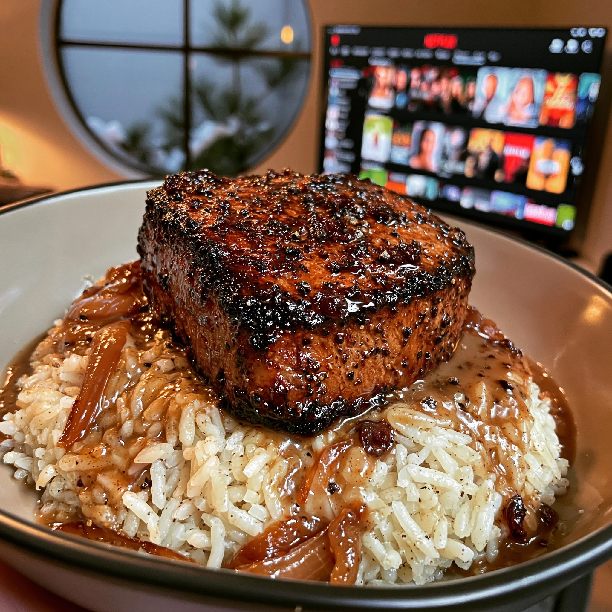 Crushed Dried Cherry and Black Peppercorn-Crusted Filet Mignon with a Rich Caramelized Onion Gravy