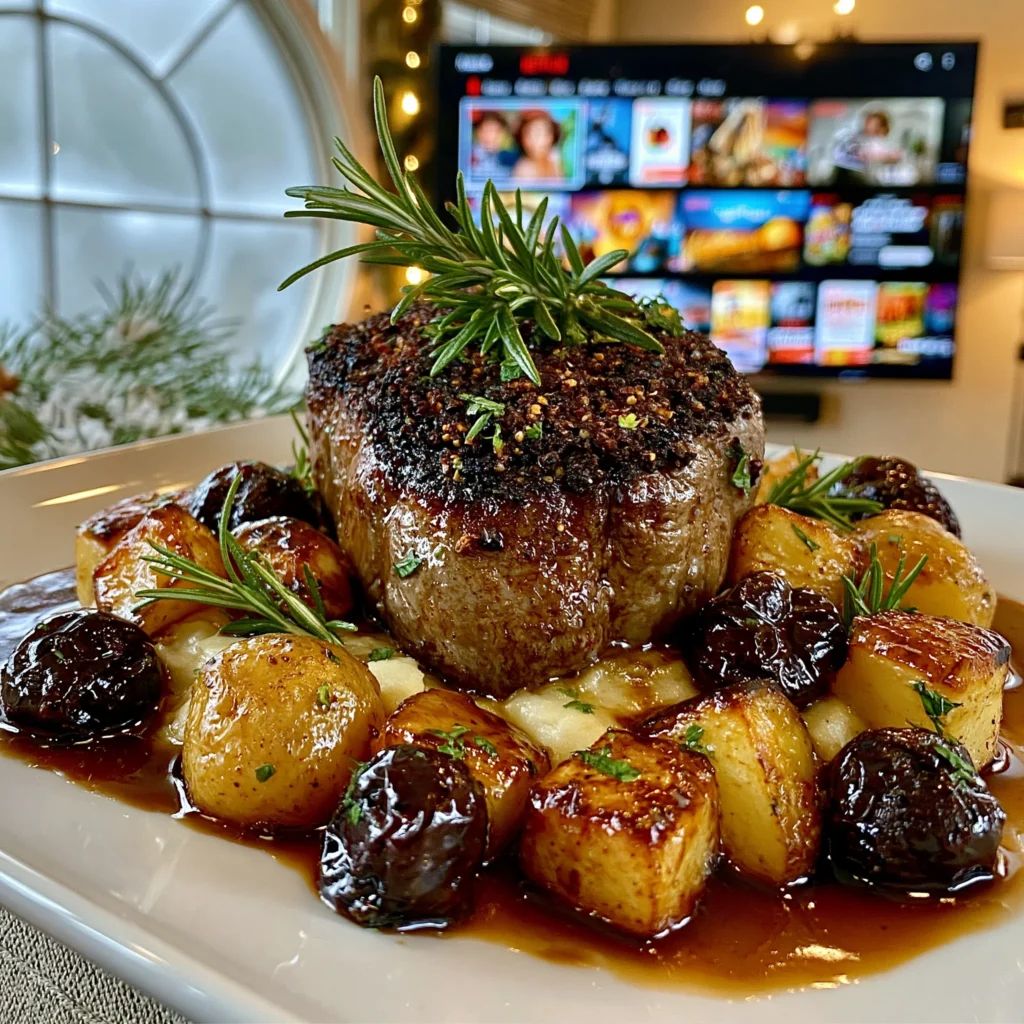 Crushed Juniper and Dried Wild Cherry-Crusted Filet Mignon with a Charred Cedar and Rosemary Reduction