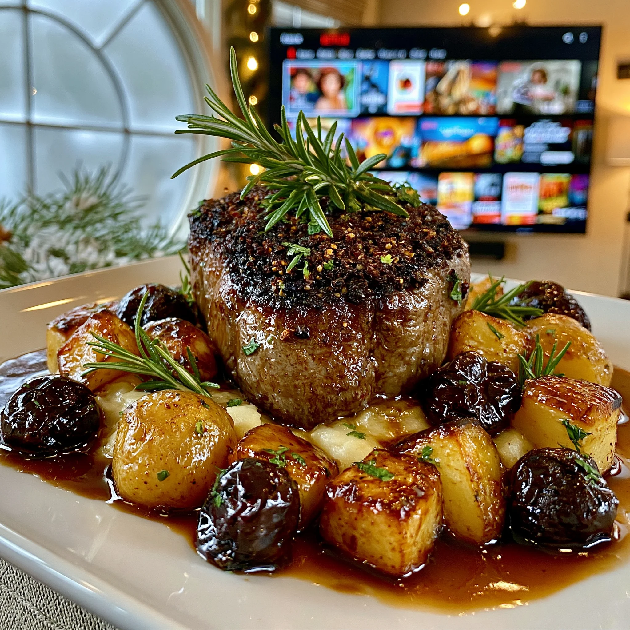 Crushed Juniper and Dried Wild Cherry-Crusted Filet Mignon with a Charred Cedar and Rosemary Reduction