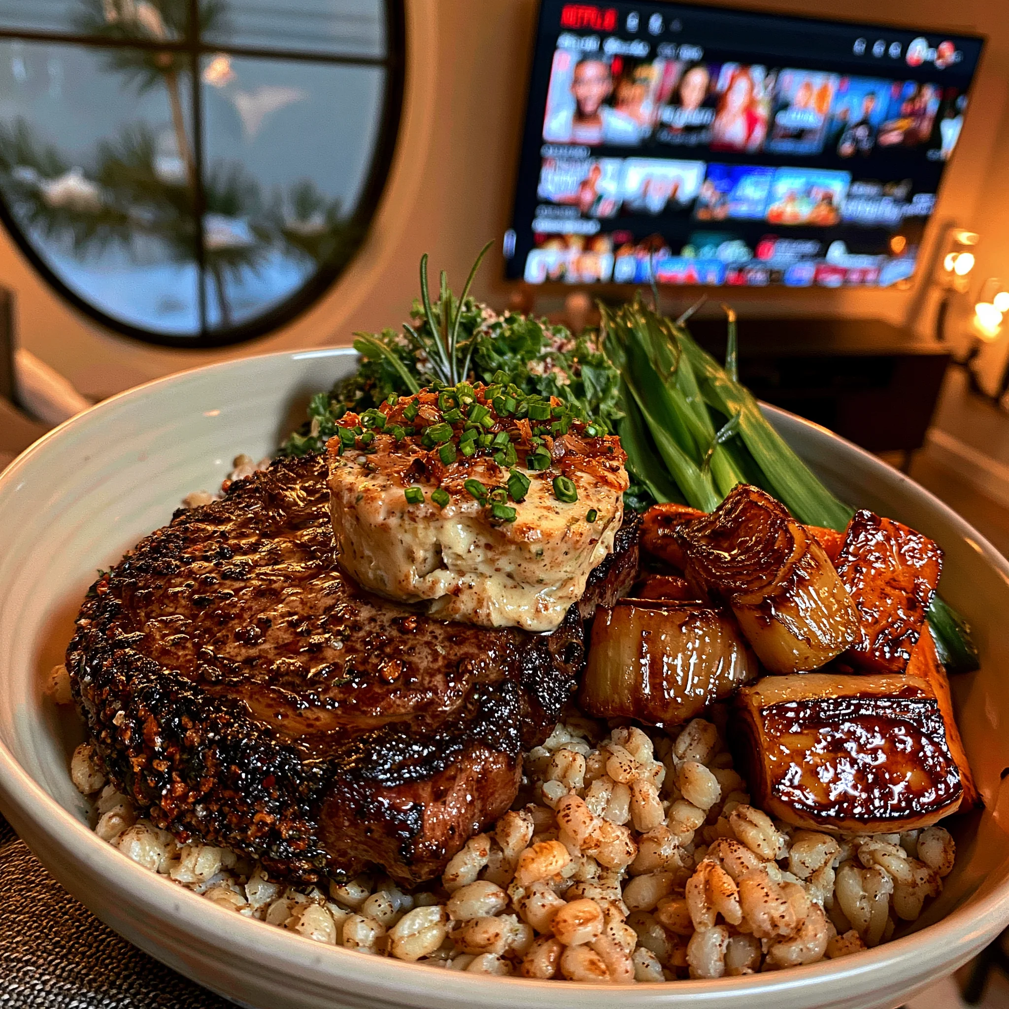 Crushed Toasted Barley and Smoked Sage-Crusted Beef Ribeye with Caramelized Leek Compound Butter