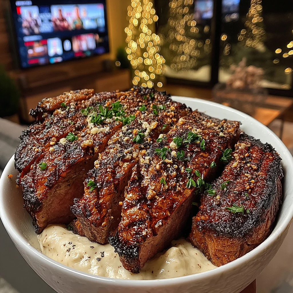 Crushed Walnut and Charred Lemon-Crusted Ribeye with Whipped Roasted Garlic Compound Butter