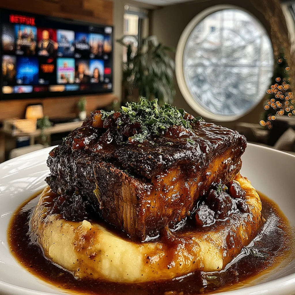 Fig-Glazed Smoked Garlic and Peppercorn Braised Chuck Roast with a Velvety Celery Root Gravy