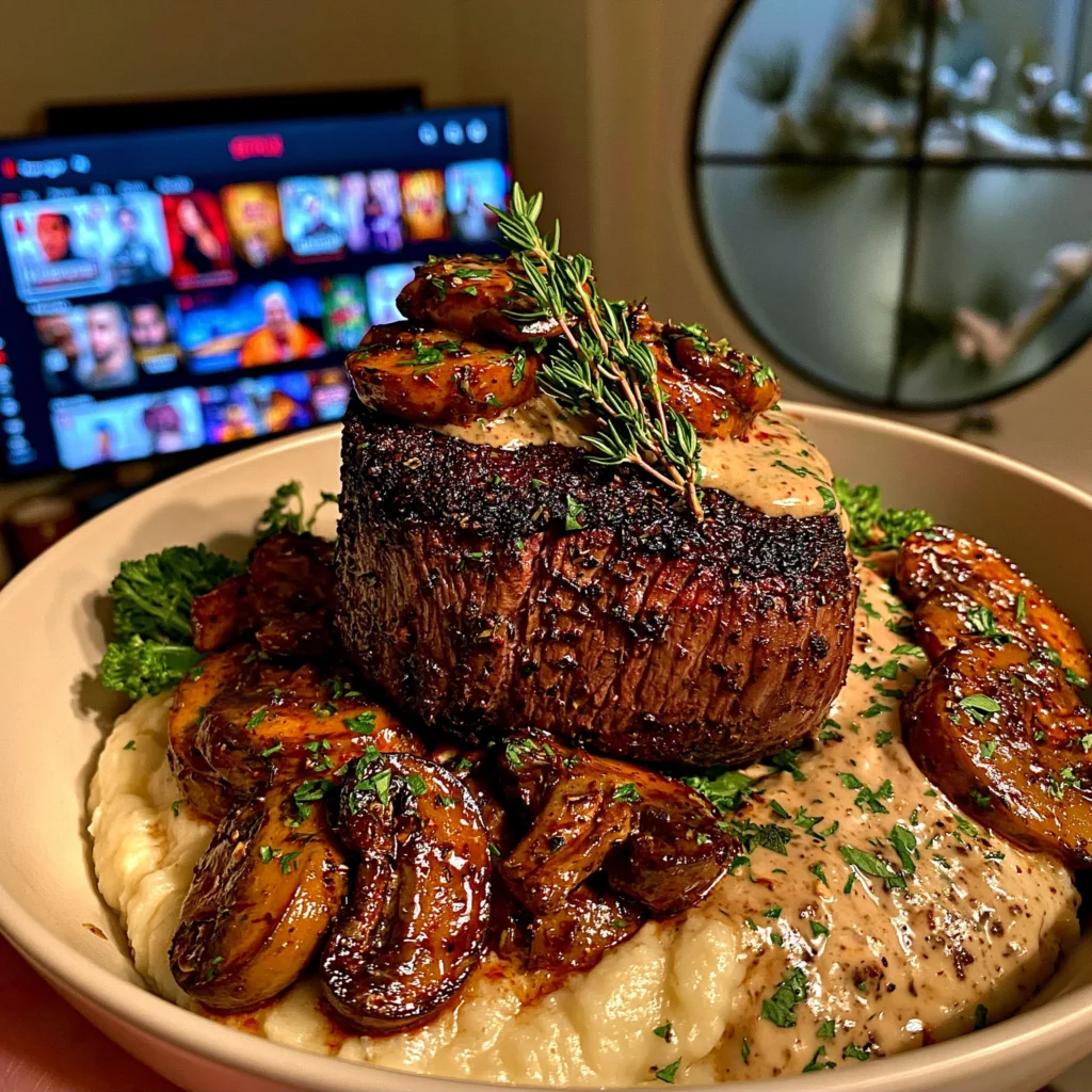 Herb-Crusted Pan-Seared Filet Mignon with a Rich Wild Mushroom and Thyme Reduction