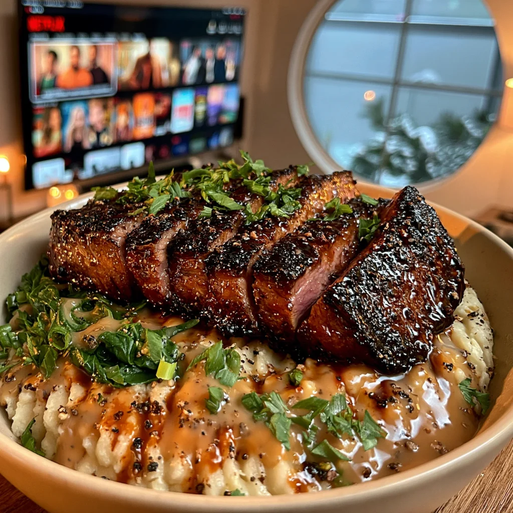 Honey-Soy Glazed Reverse-Seared Ribeye with a Rich Peppercorn and Bone Broth Drizzle