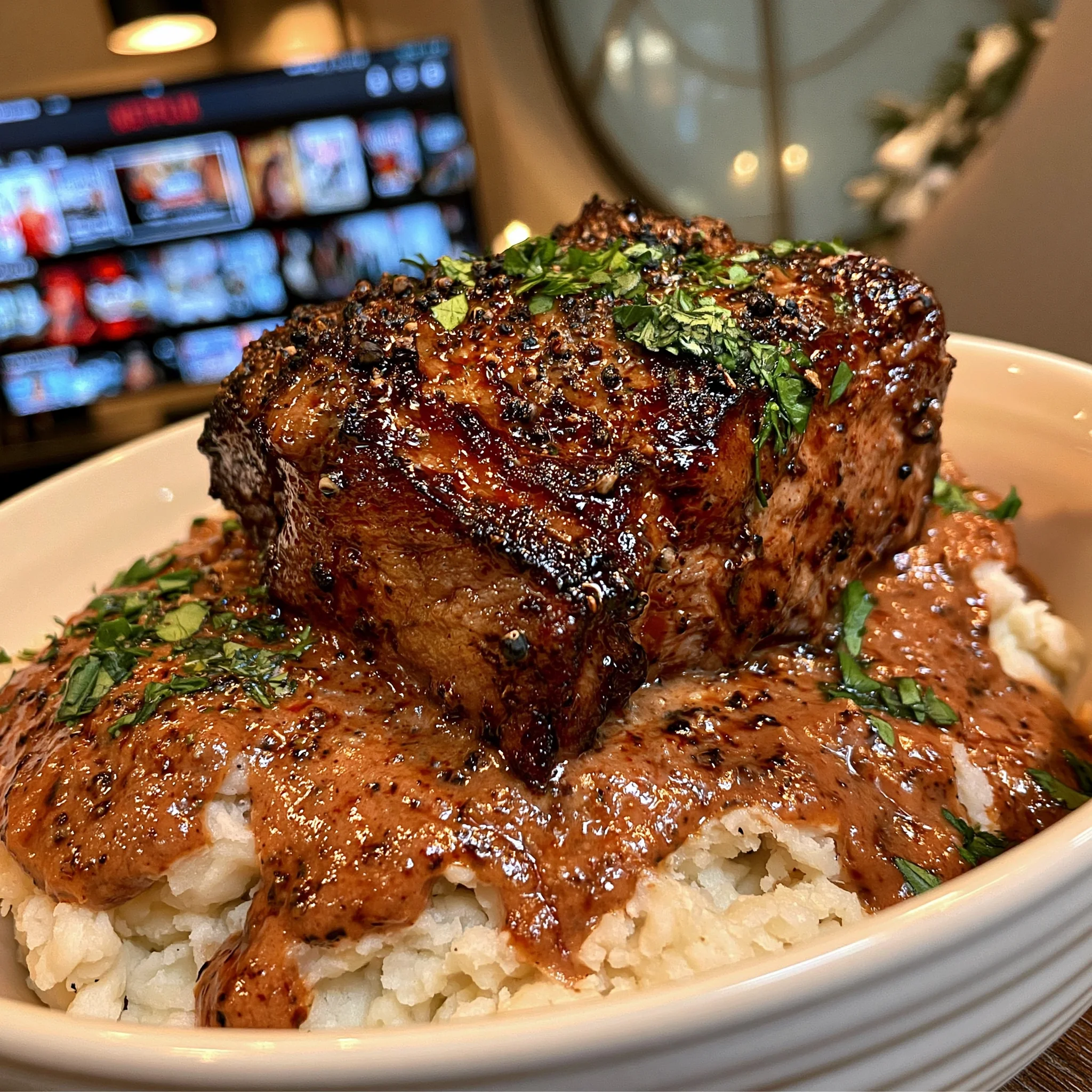 Maple-Glazed Crushed Peppercorn and Coriander Braised Veal Roast with a Rich Smoked Tomato Gravy