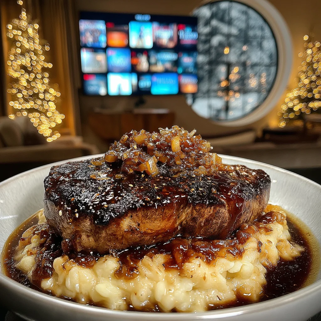 Porcini Mushroom and Toasted Walnut-Crusted Ribeye with a Sweet Onion and Balsamic Confit Butter