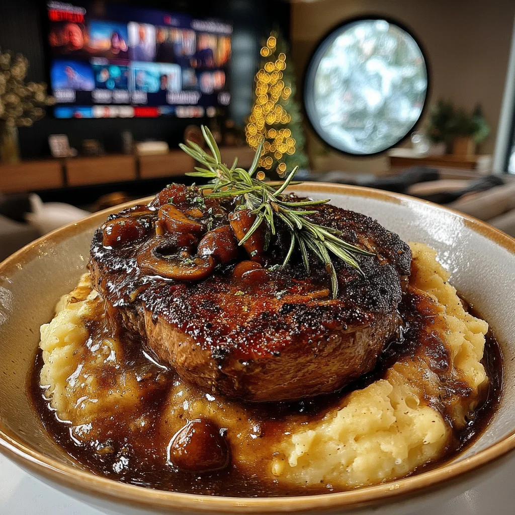 Roasted Chestnut and Rosemary-Crusted Bison Ribeye with a Velvety Wild Mushroom Gravy