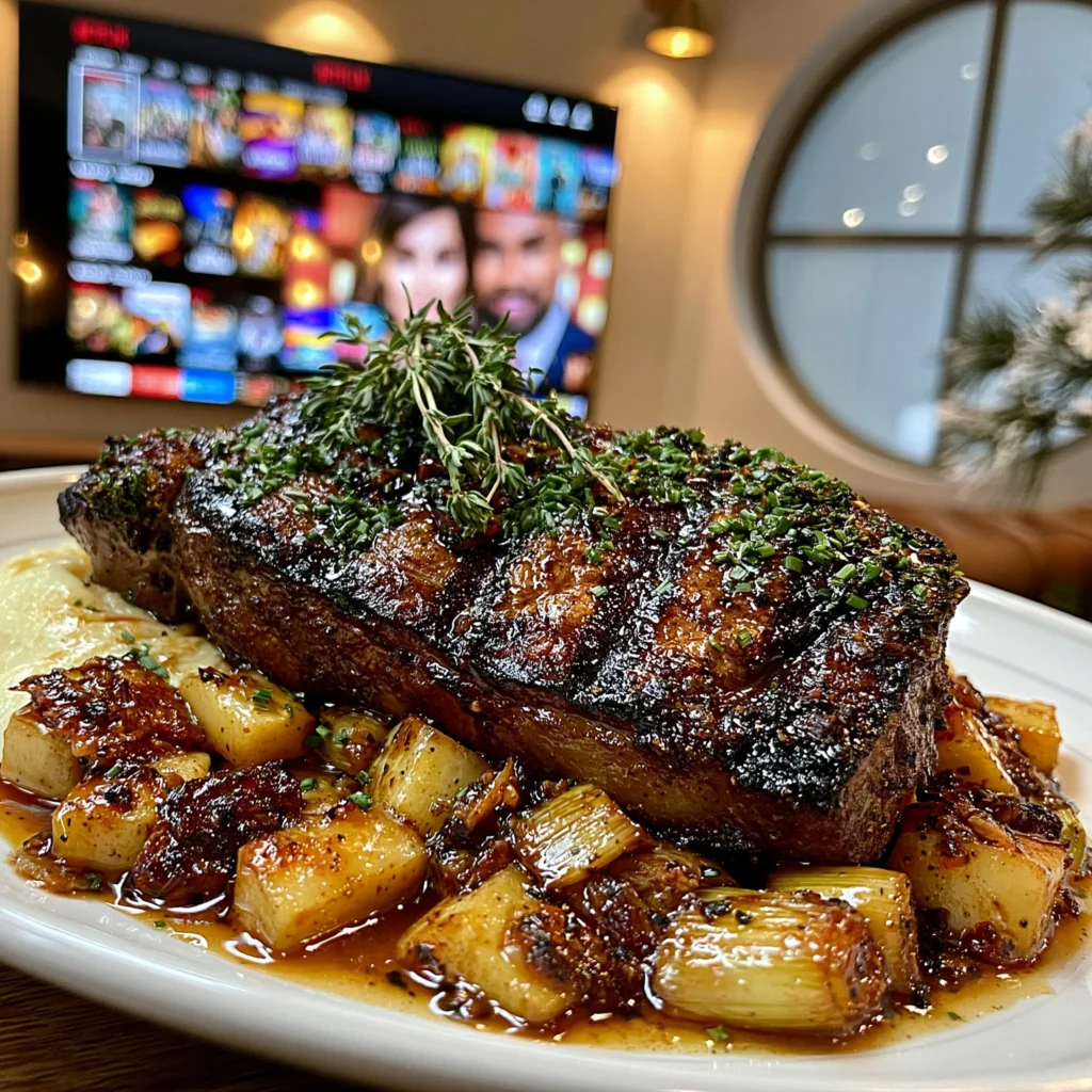 Roasted Leek and Chive-Crusted New York Strip with Black Garlic Compound Butter