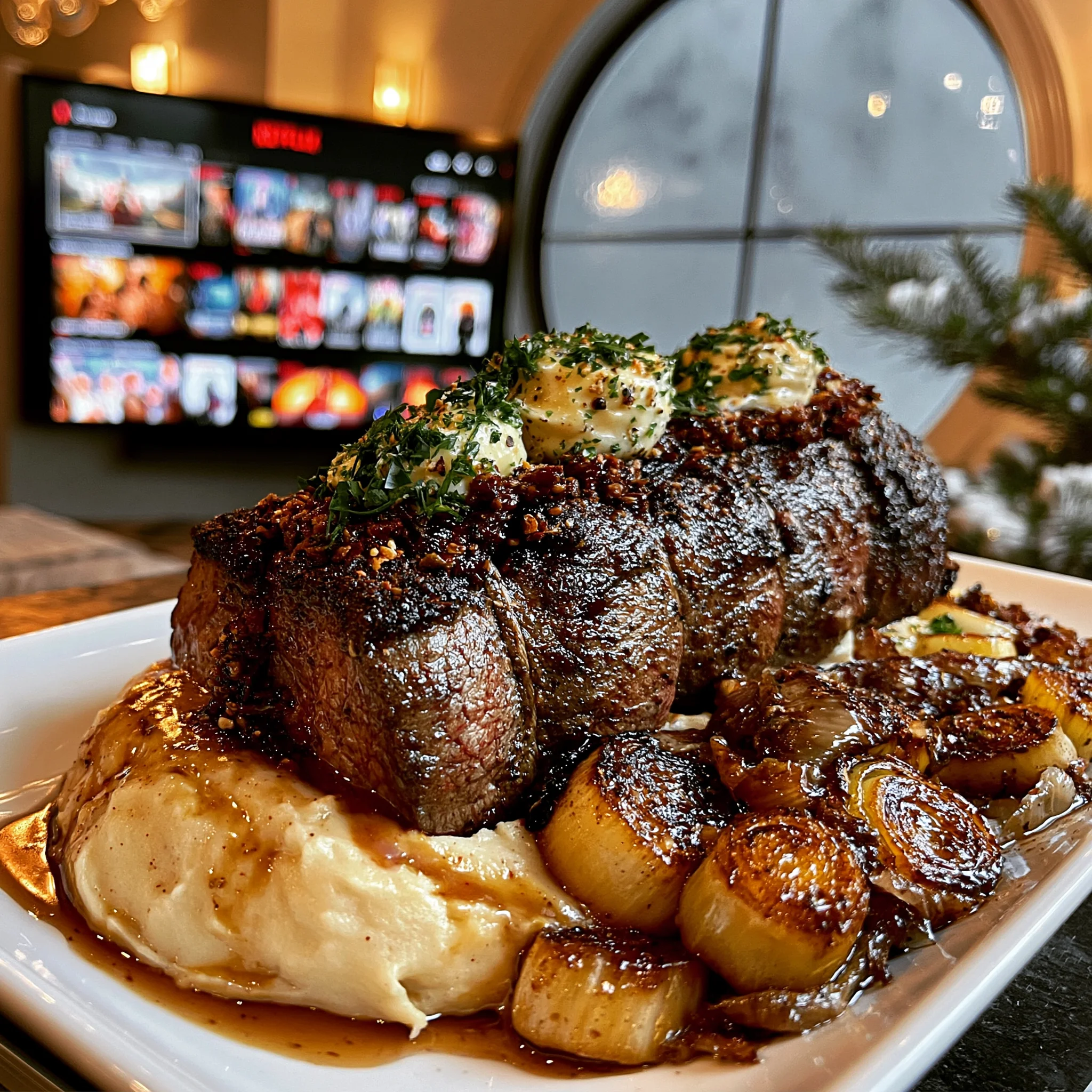 Roasted Leek and Cracked Allspice-Crusted Beef Tenderloin with Garlic Herb Compound Butter