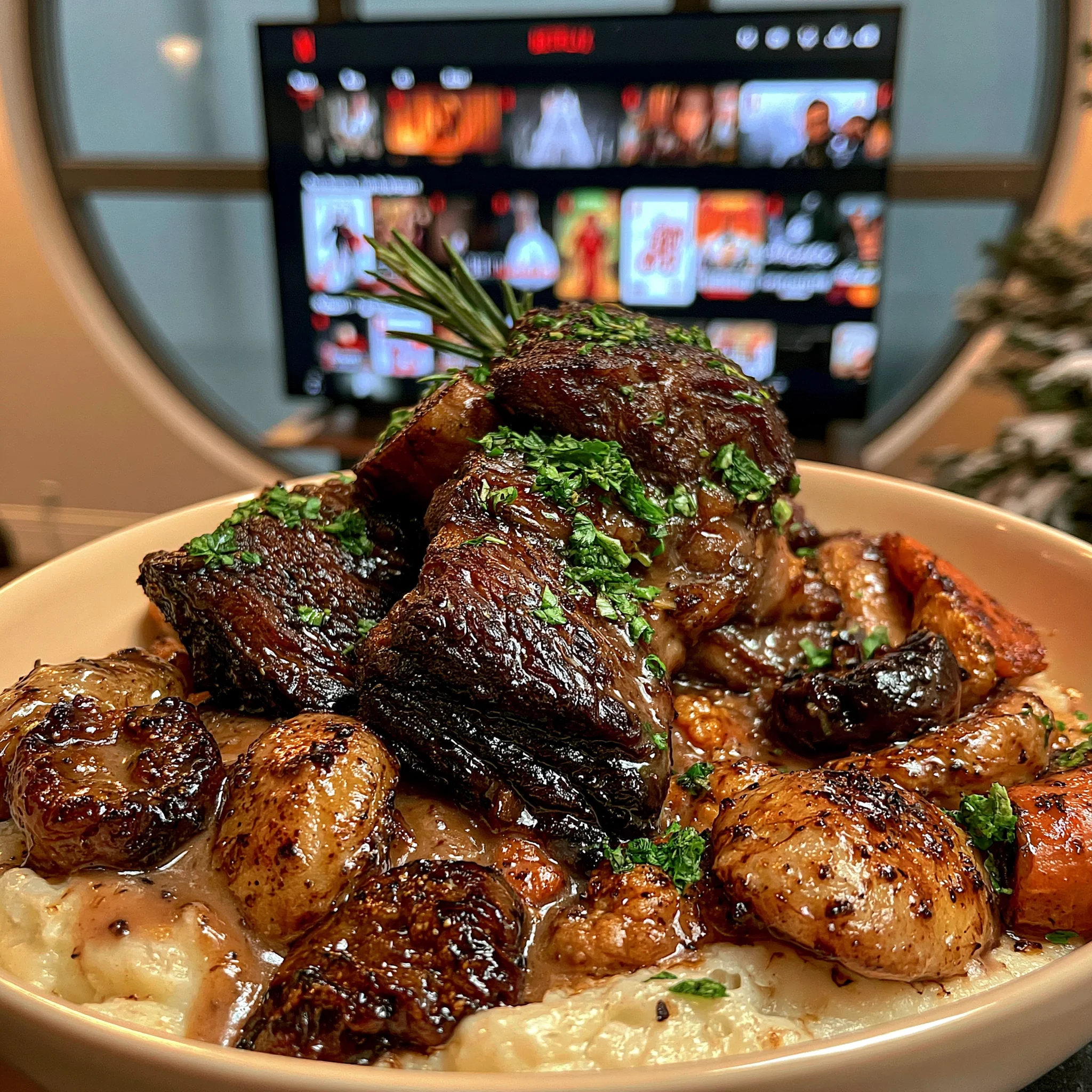 Slow-Braised Dried Plum and Rosemary Beef Short Ribs with a Silky Roasted Root Vegetable Gravy