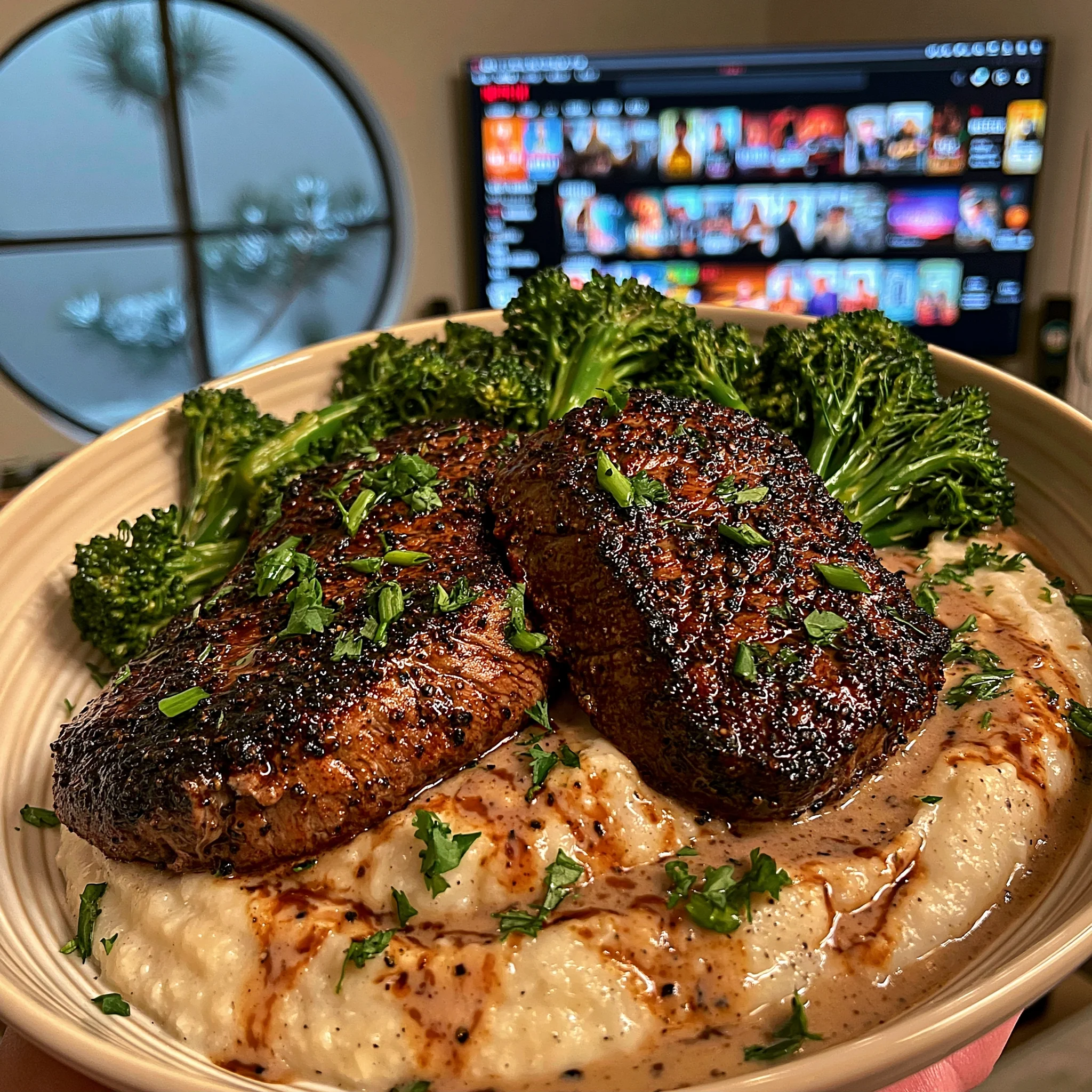 Slow-Roasted Black Peppercorn Sirloin with a Silky Truffle and Cauliflower Purée