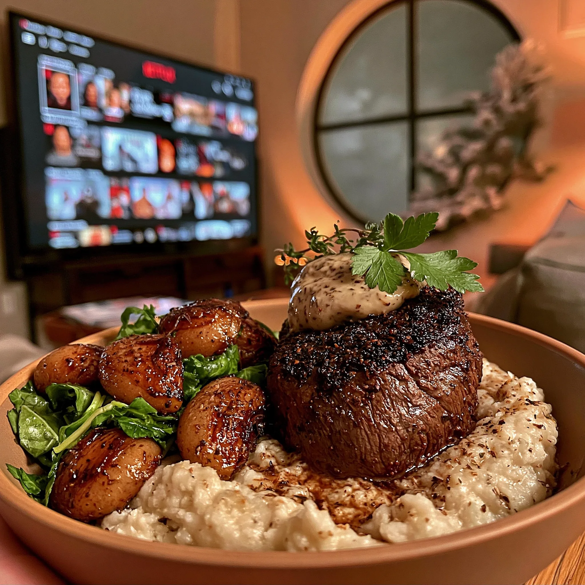 Smoked Cardamom and Crushed Espresso-Crusted Beef Tenderloin with Caramelized Shallot and Thyme Butter