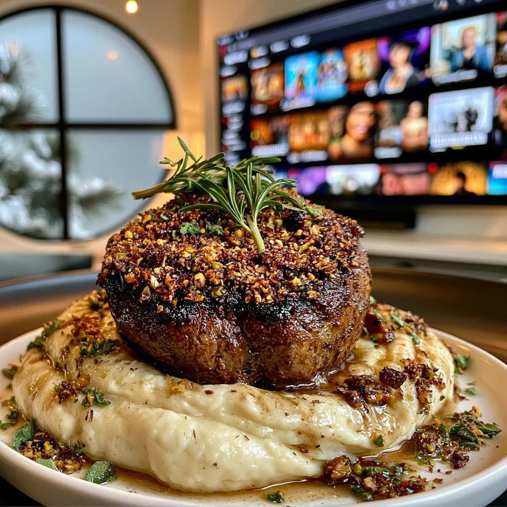 Smoked Cardamom and Crushed Pistachio-Crusted Filet Mignon with Whipped Bone Marrow and Sage Butter