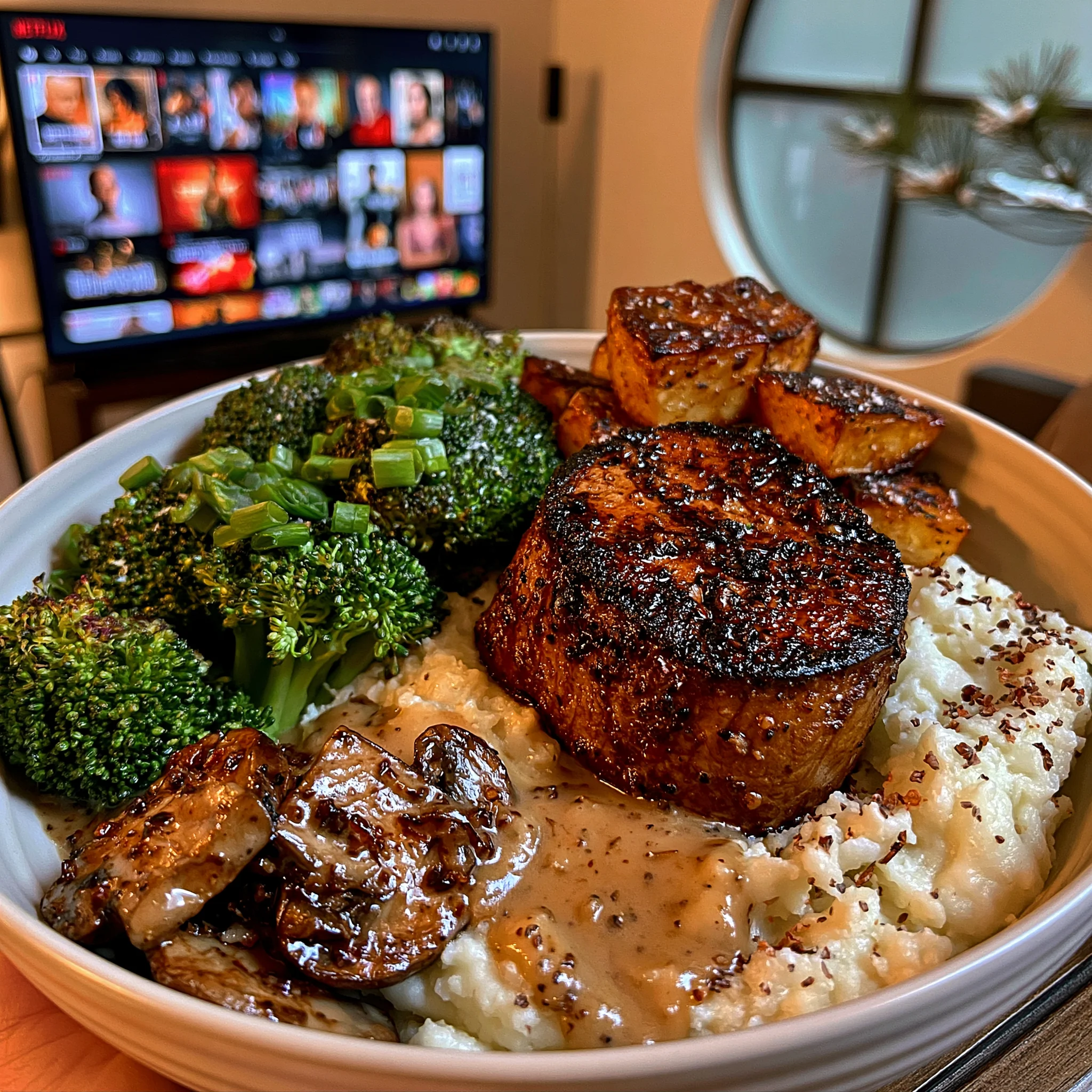 Smoked Paprika and Charred Onion-Crusted Filet Mignon with a Velvety Black Truffle Gravy