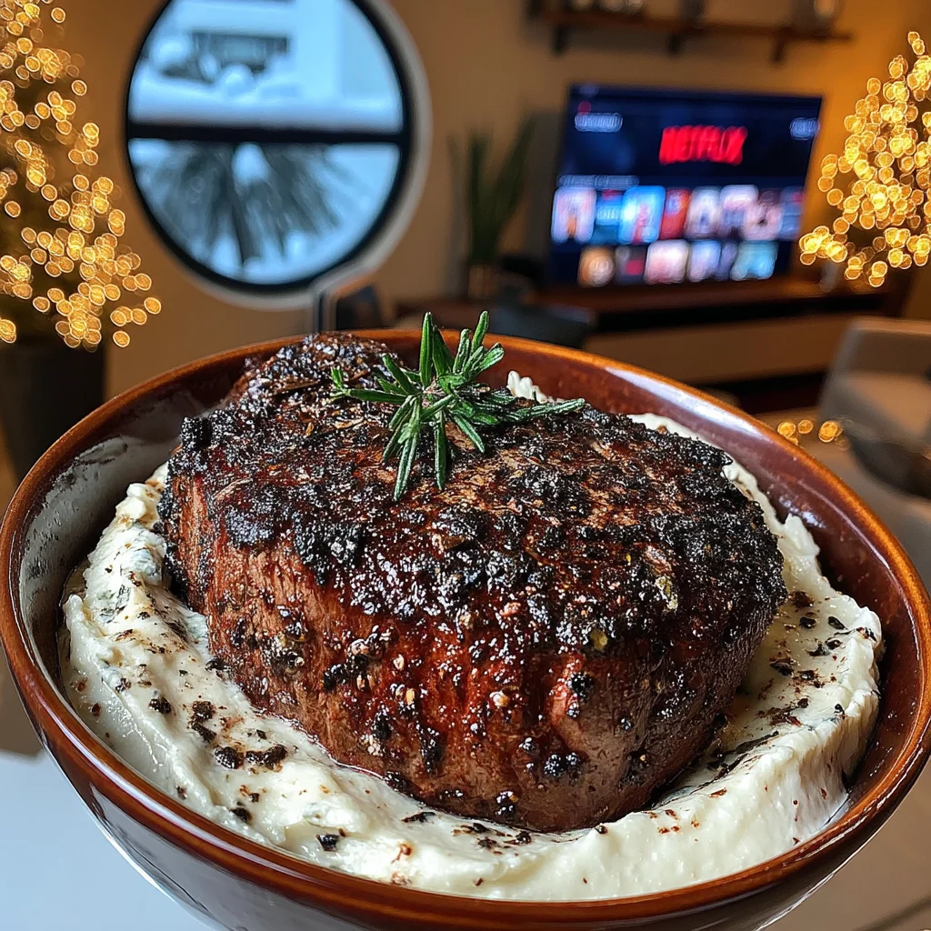 Smoked Rosemary and Crushed Cocoa-Crusted Filet Mignon with Whipped Blue Cheese Butter