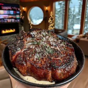 Smoked Sea Salt and Cracked Coriander-Crusted Tomahawk Steak with Caramelized Sweet Onion Compound Butter