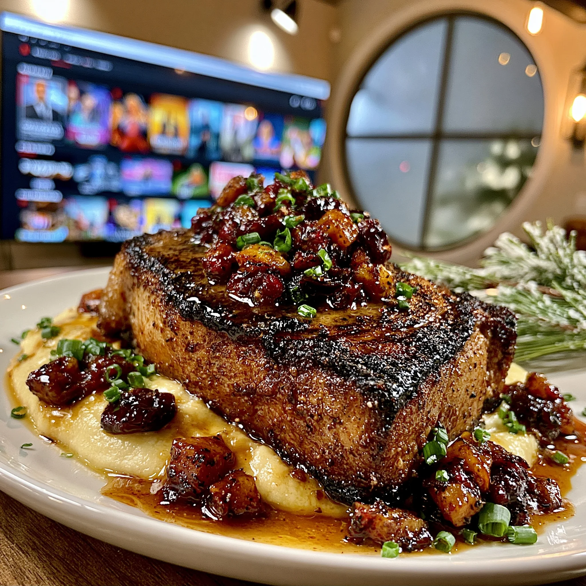 Smoked Sea Salt and Dried Cranberry-Crusted Strip Steak with a Bourbon-Brown Sugar Bone Marrow Butter